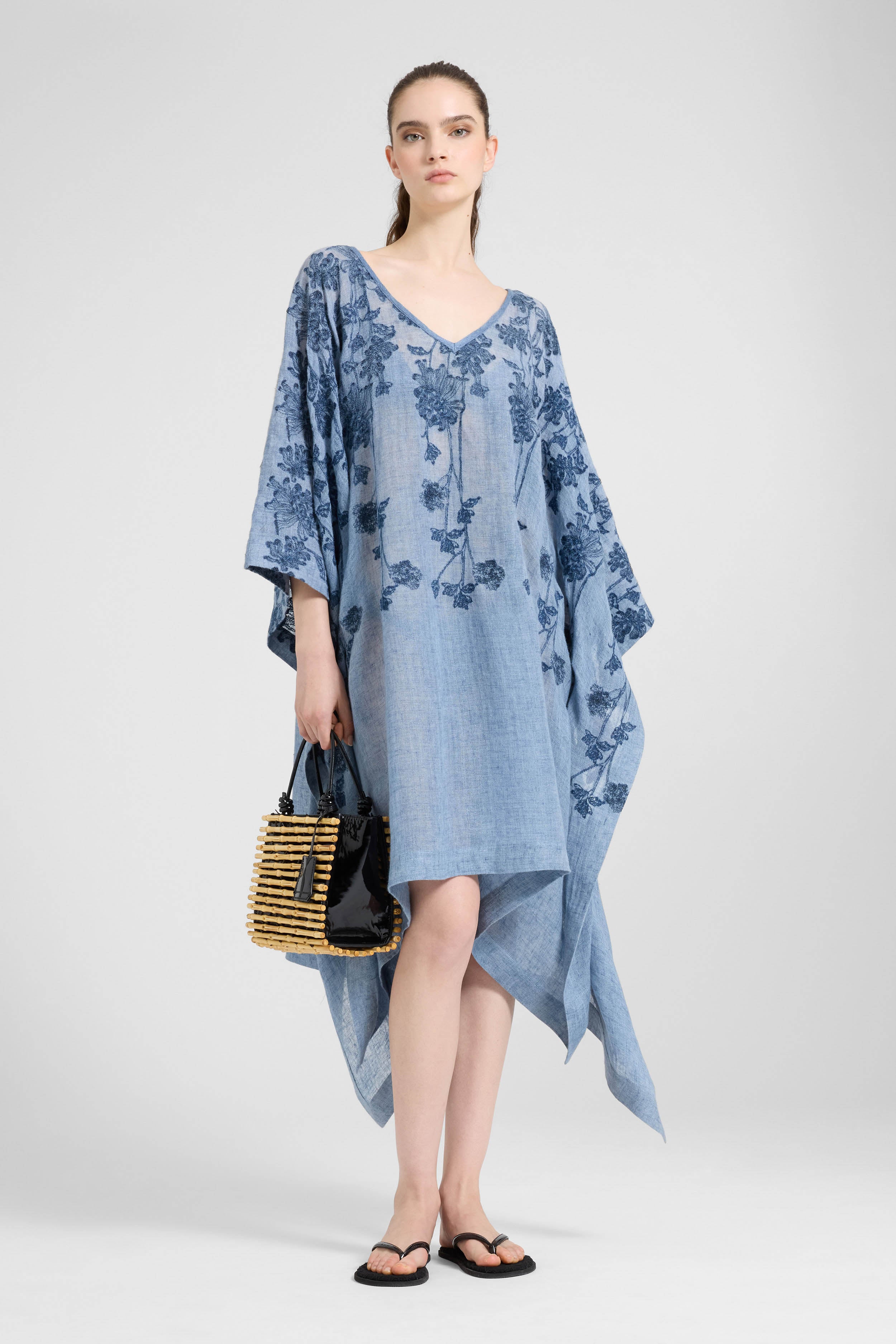 Midi pure linen denim-print kaftan with floral motif - Image 2