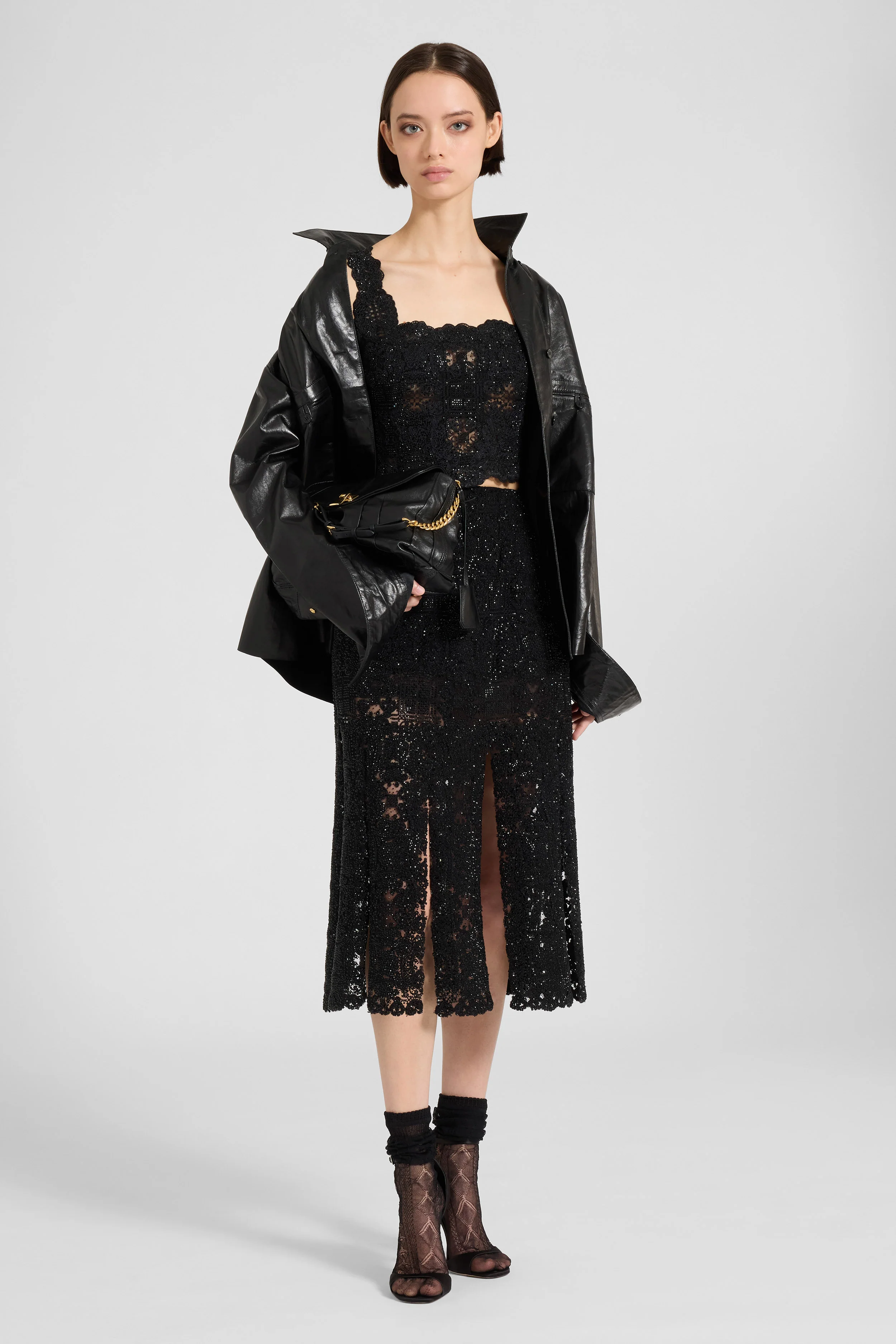 Midi skirt with slits in maiolica lace and crystals - Image 2