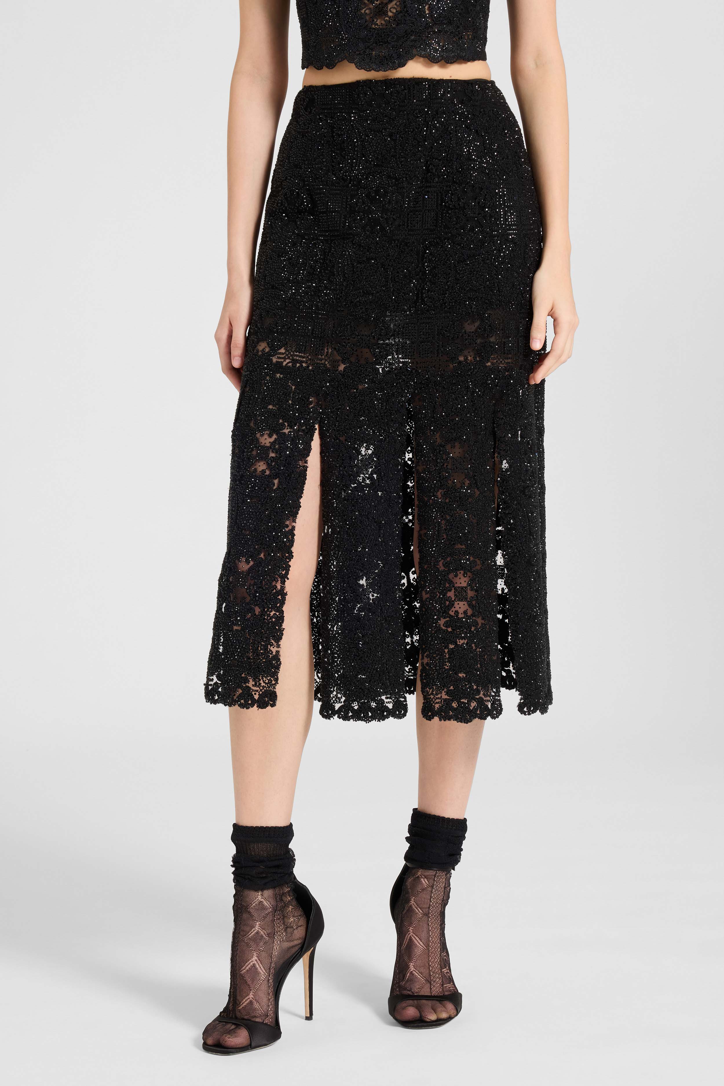 Midi skirt with slits in maiolica lace and crystals - Image 3