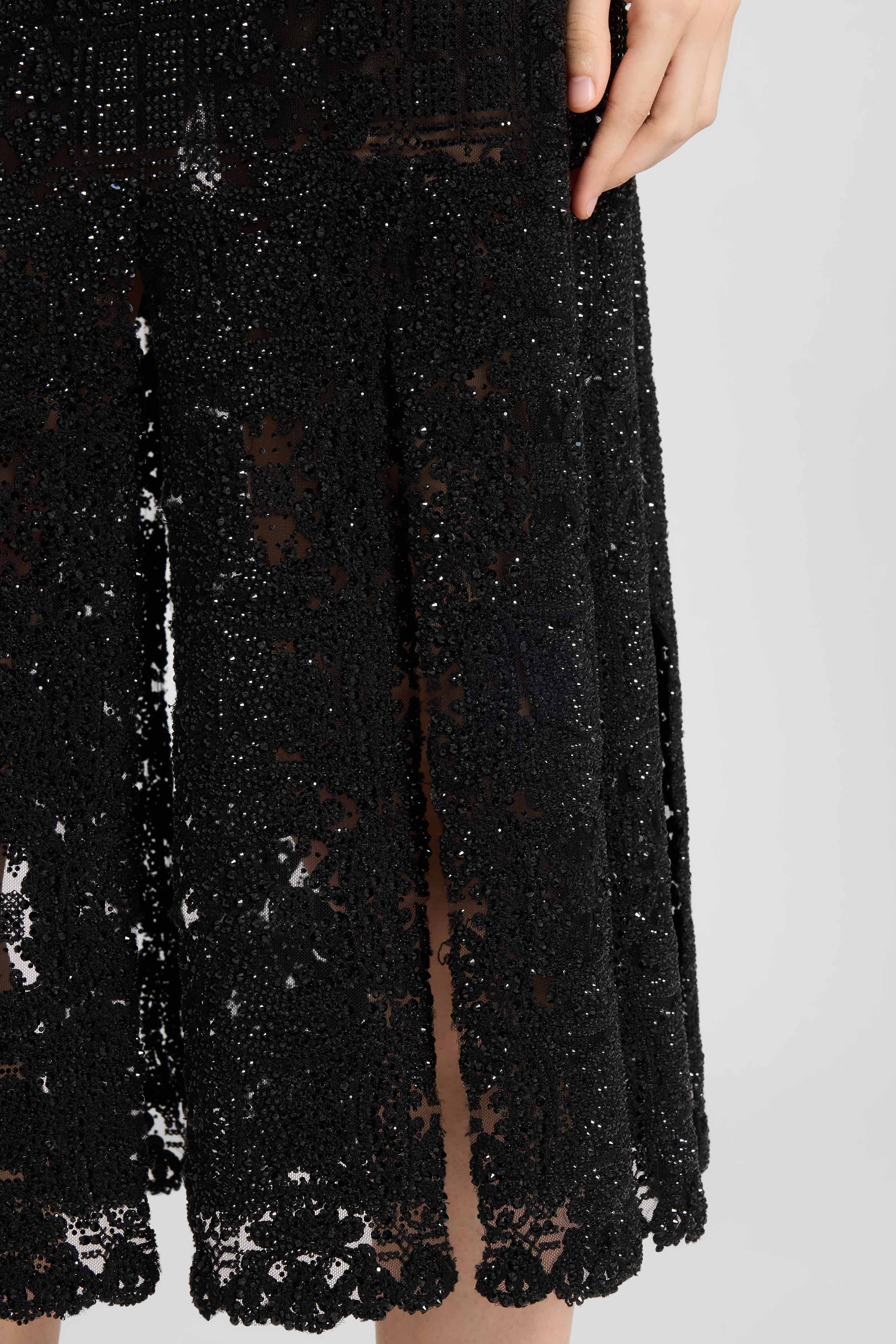 Midi skirt with slits in maiolica lace and crystals - Image 4