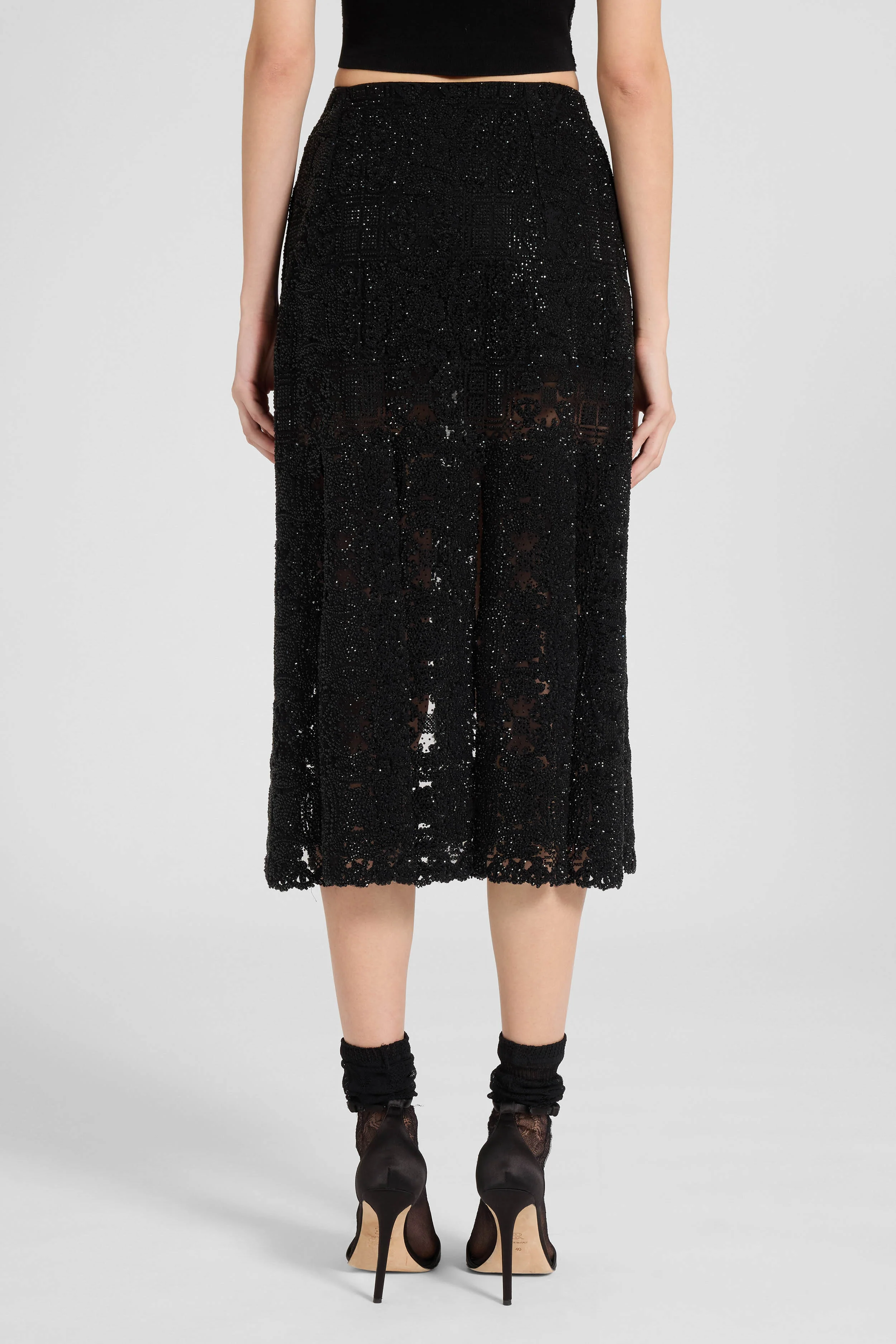 Midi skirt with slits in maiolica lace and crystals - Image 5
