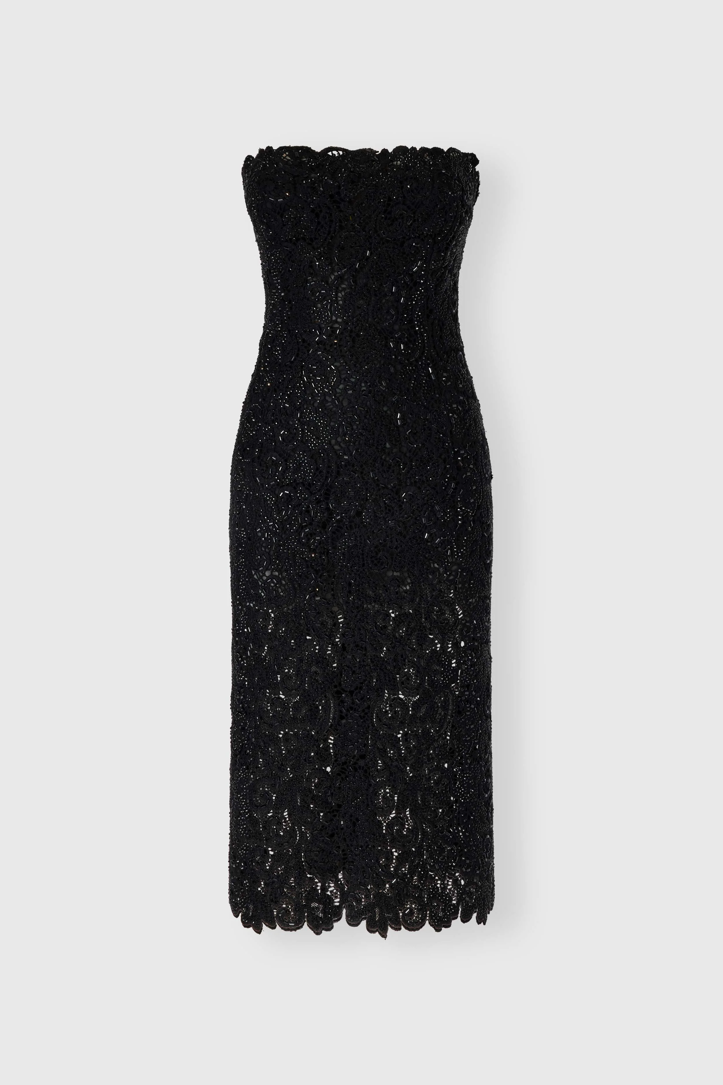 Midi strapless bustier dress in macramé lace with crystals