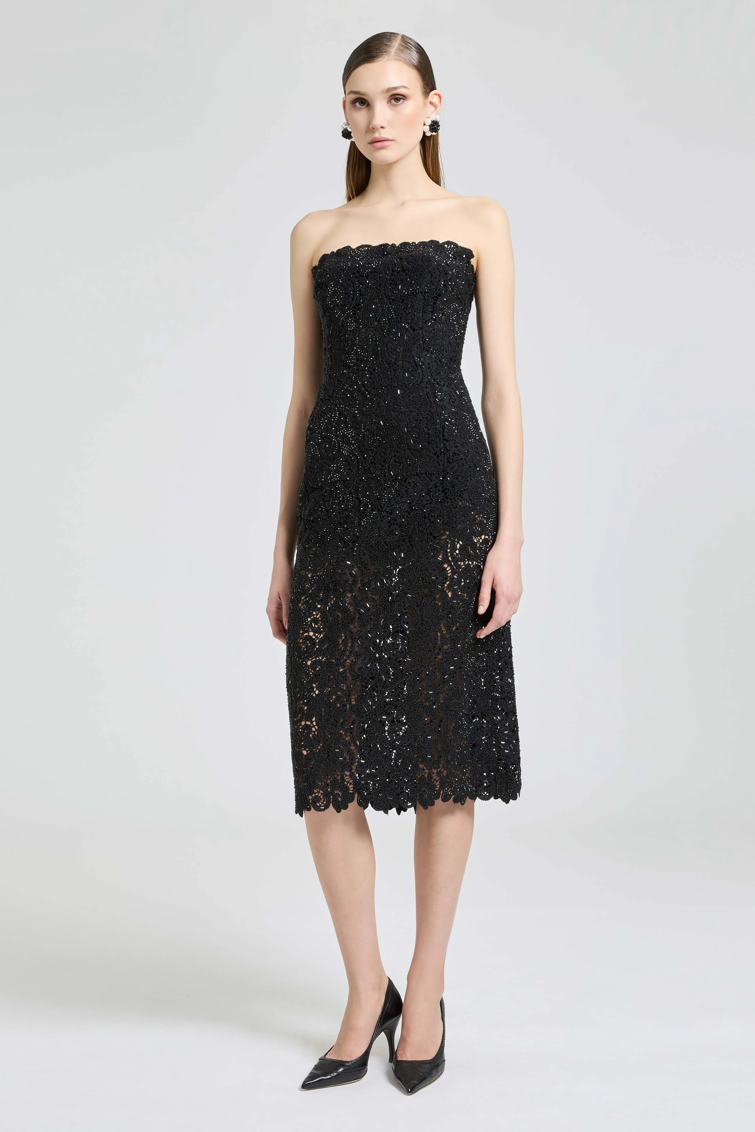 Midi strapless bustier dress in macramé lace with crystals - Image 2