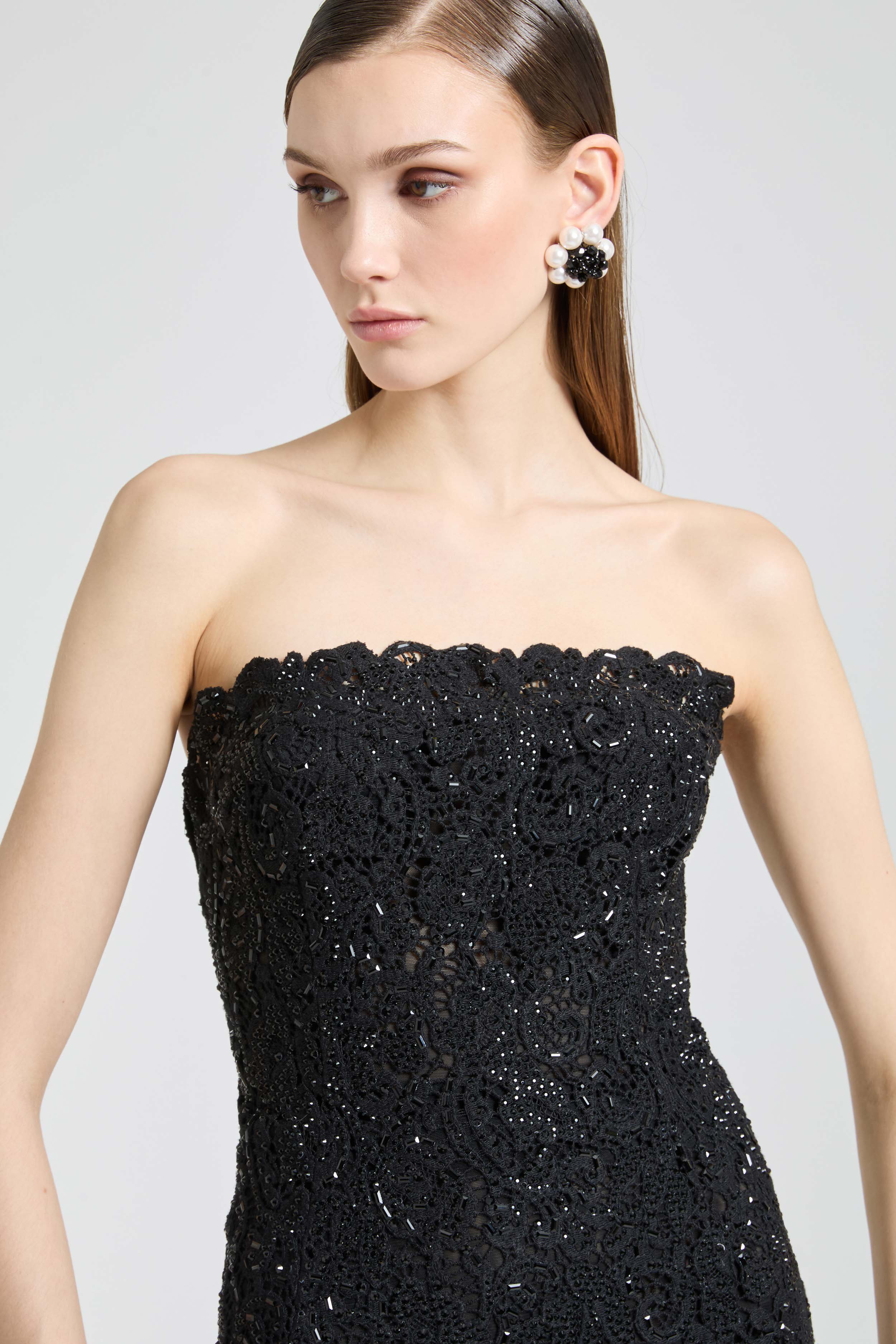 Midi strapless bustier dress in macramé lace with crystals - Image 3