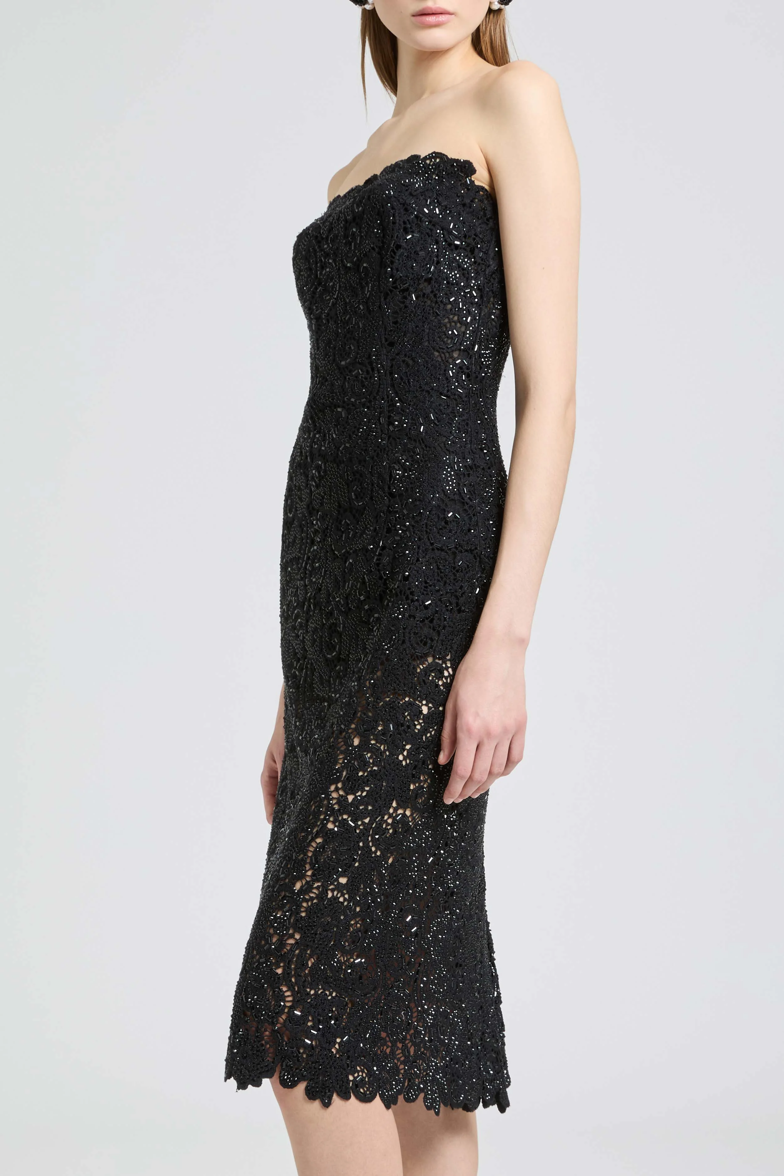 Midi strapless bustier dress in macramé lace with crystals - Image 4