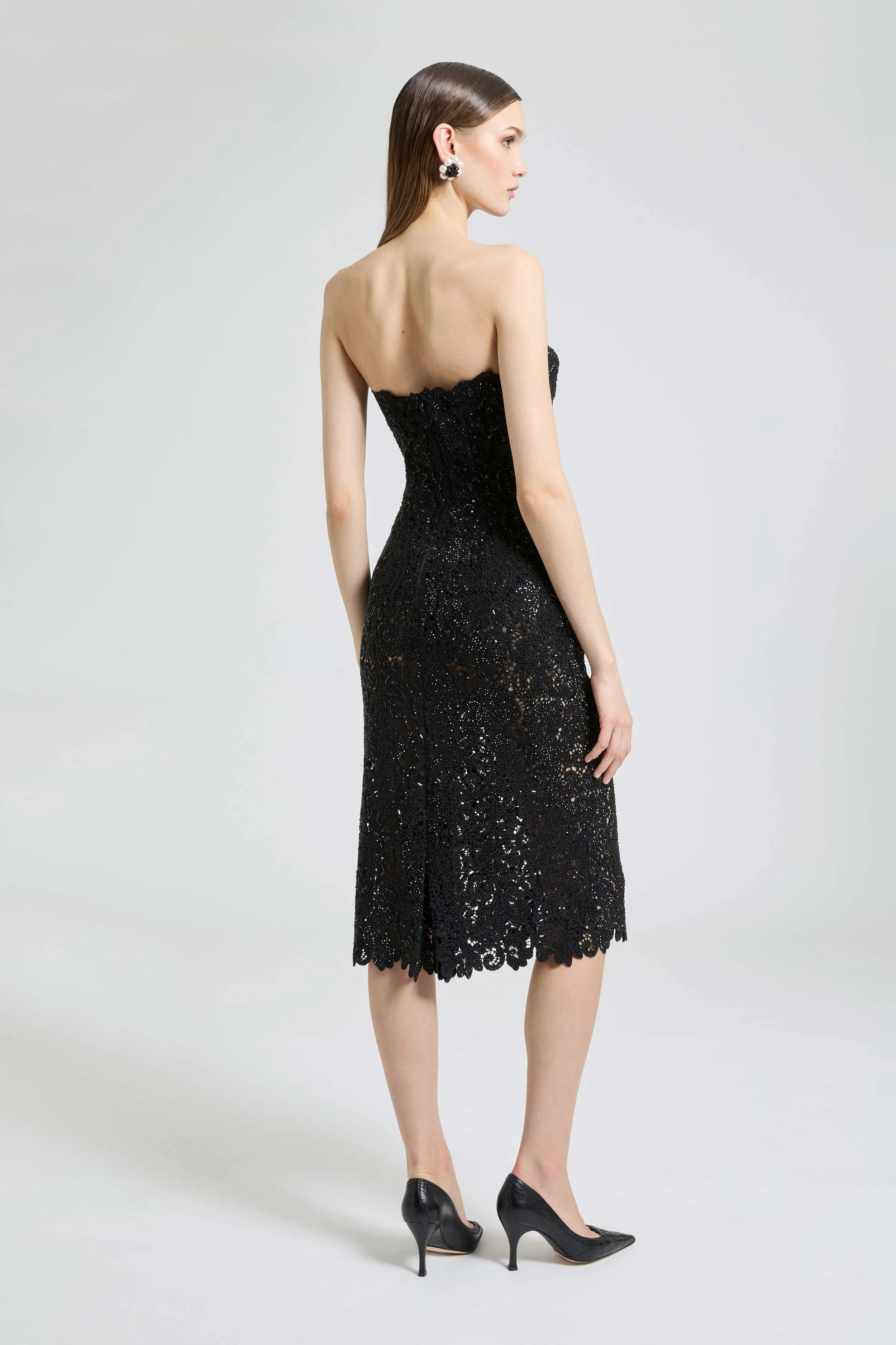 Midi strapless bustier dress in macramé lace with crystals - Image 5