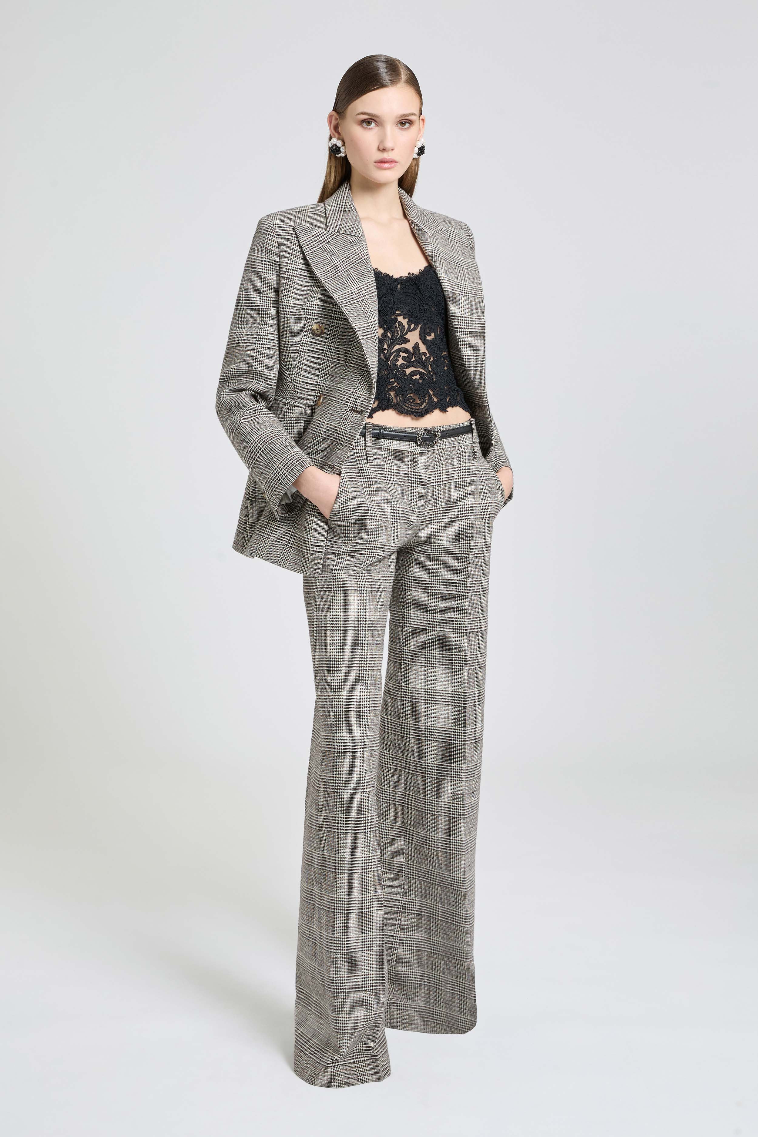 Palazzo Trousers in Wool with Yarn-Dyed Glen Plaid Pattern - Image 2