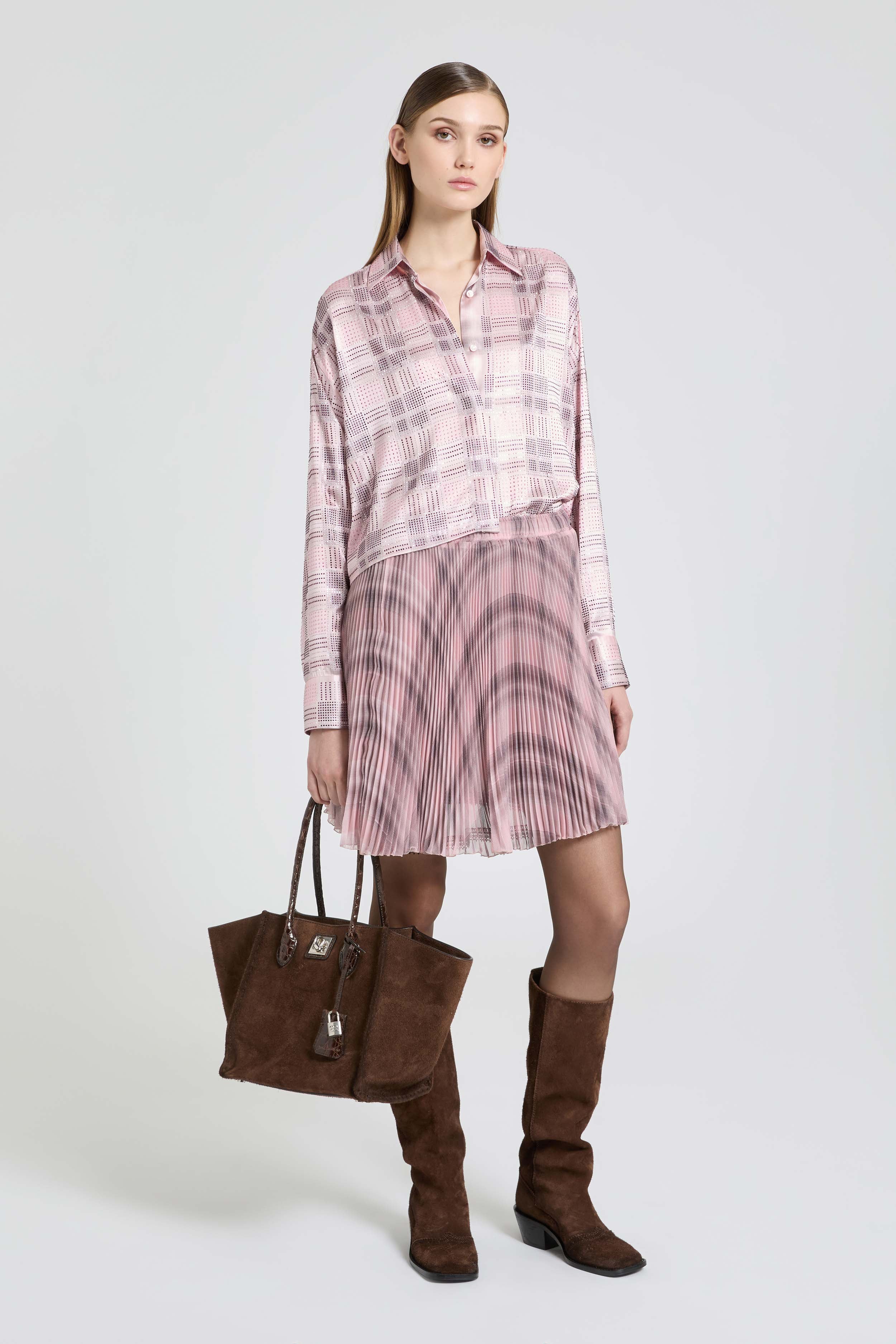 Pleated knee-length skirt in technical georgette with check print - Image 2