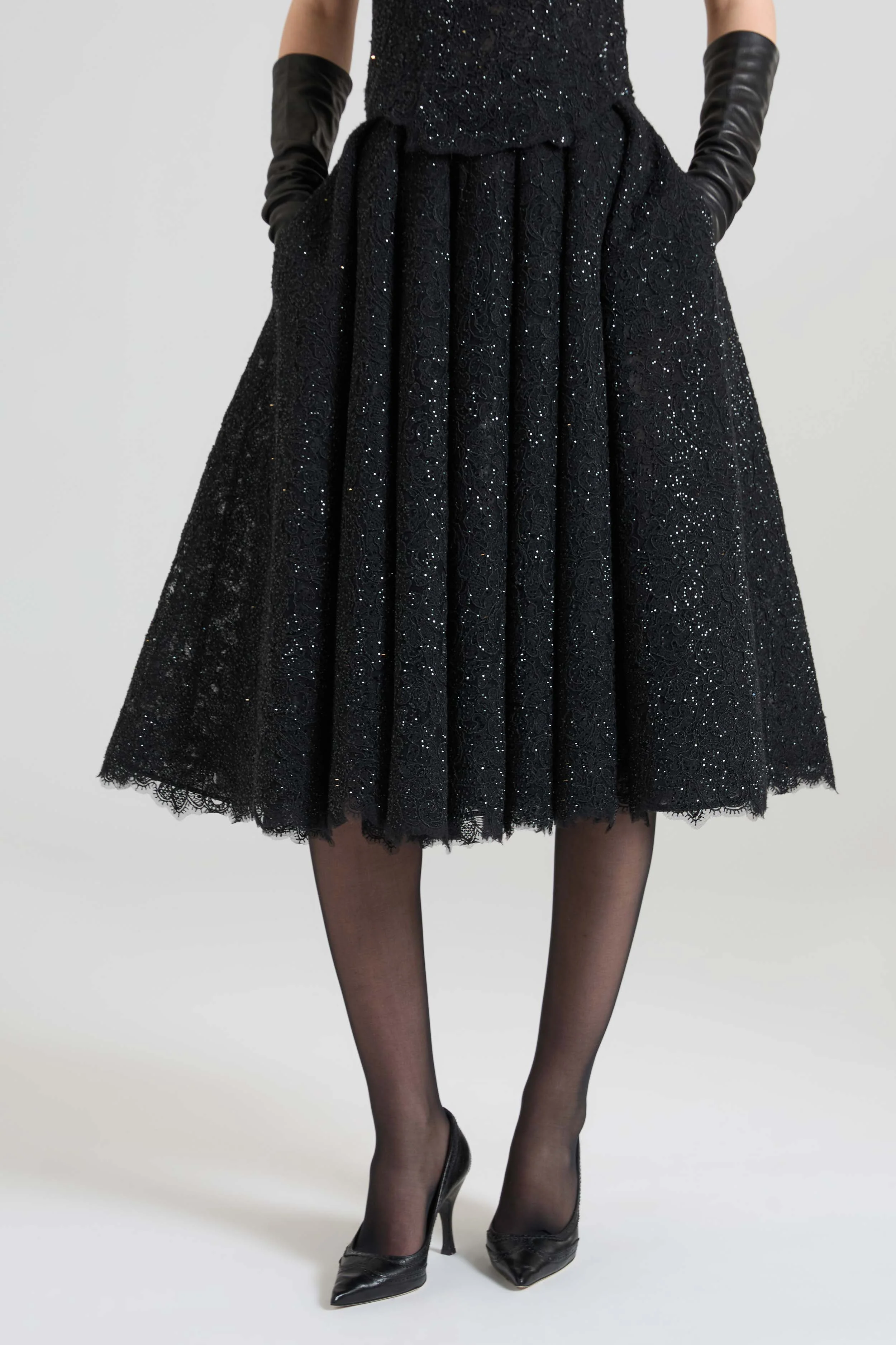Pleated midi skirt in rebrodé lace with tonal crystals - Image 3