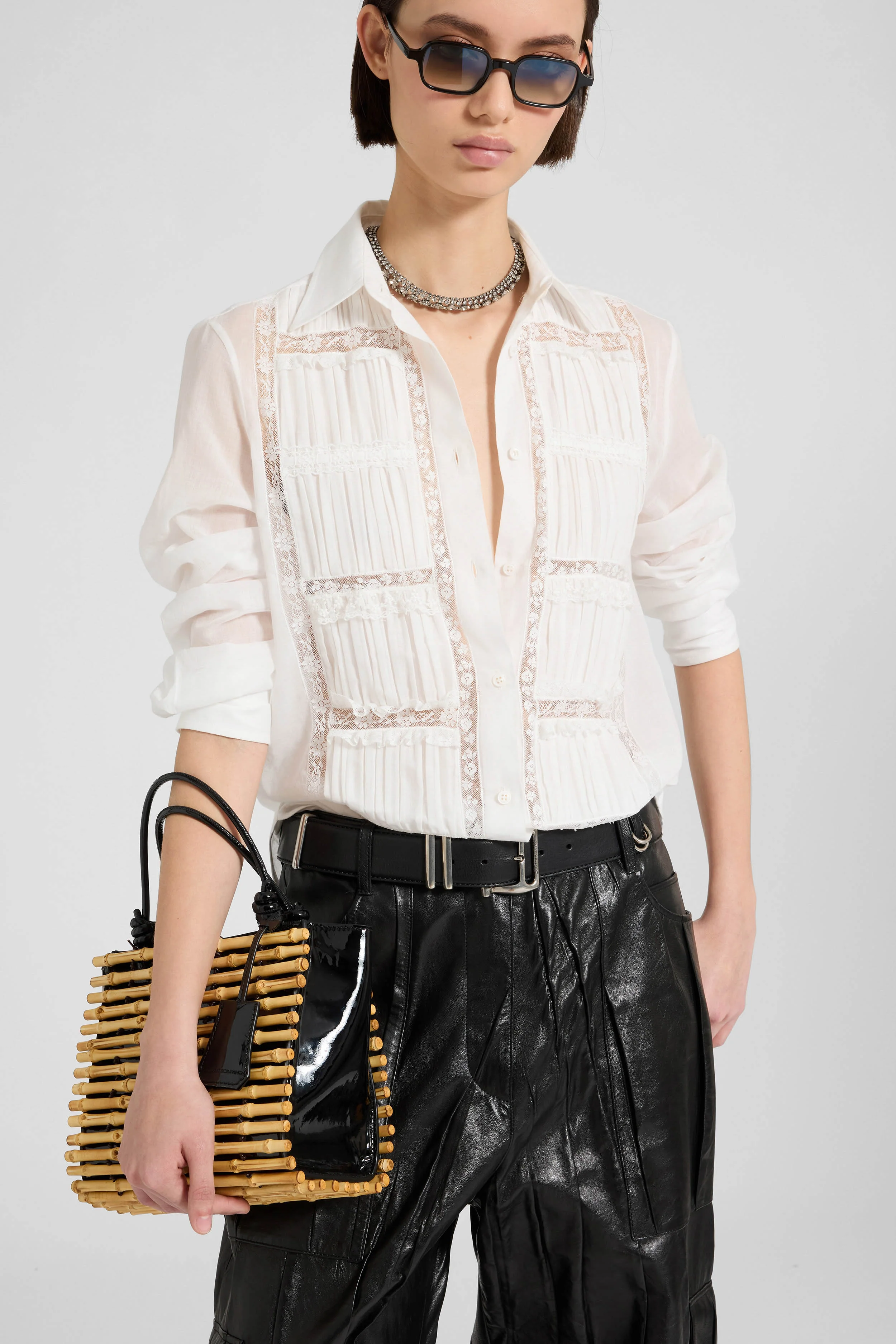 Poplin shirt with pleating and Valencienne lace - Image 2