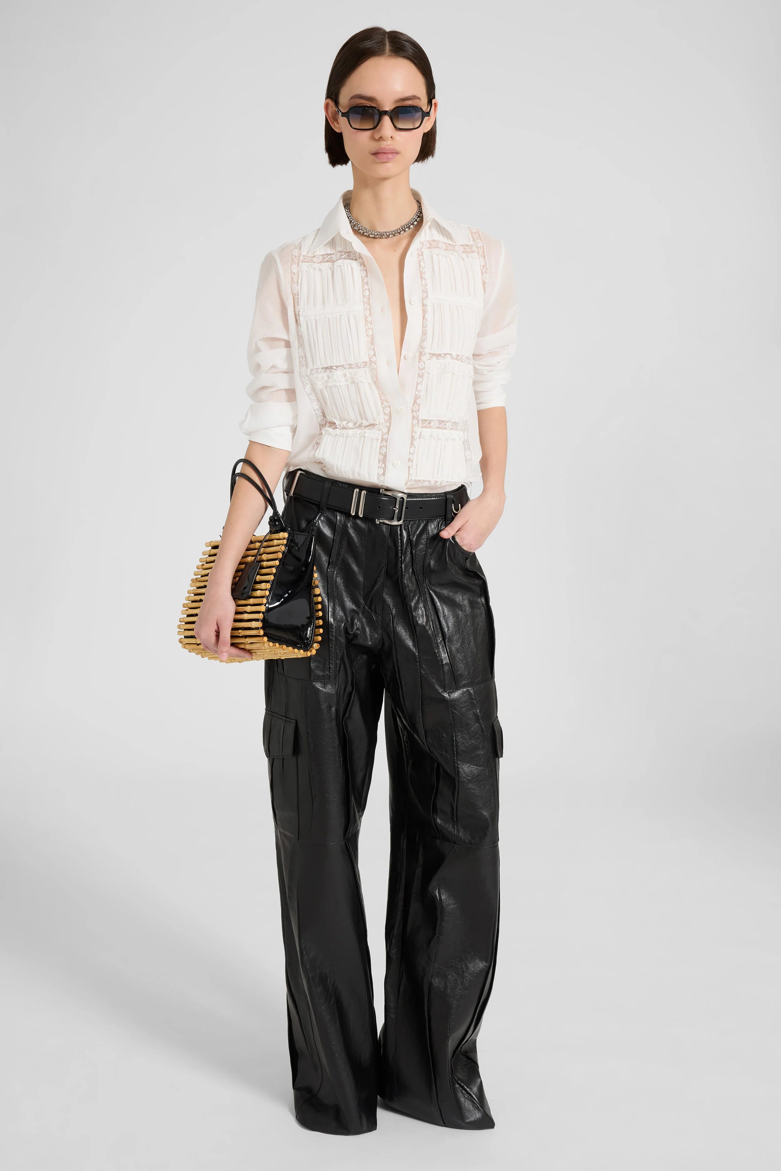 Poplin shirt with pleating and Valencienne lace - Image 4