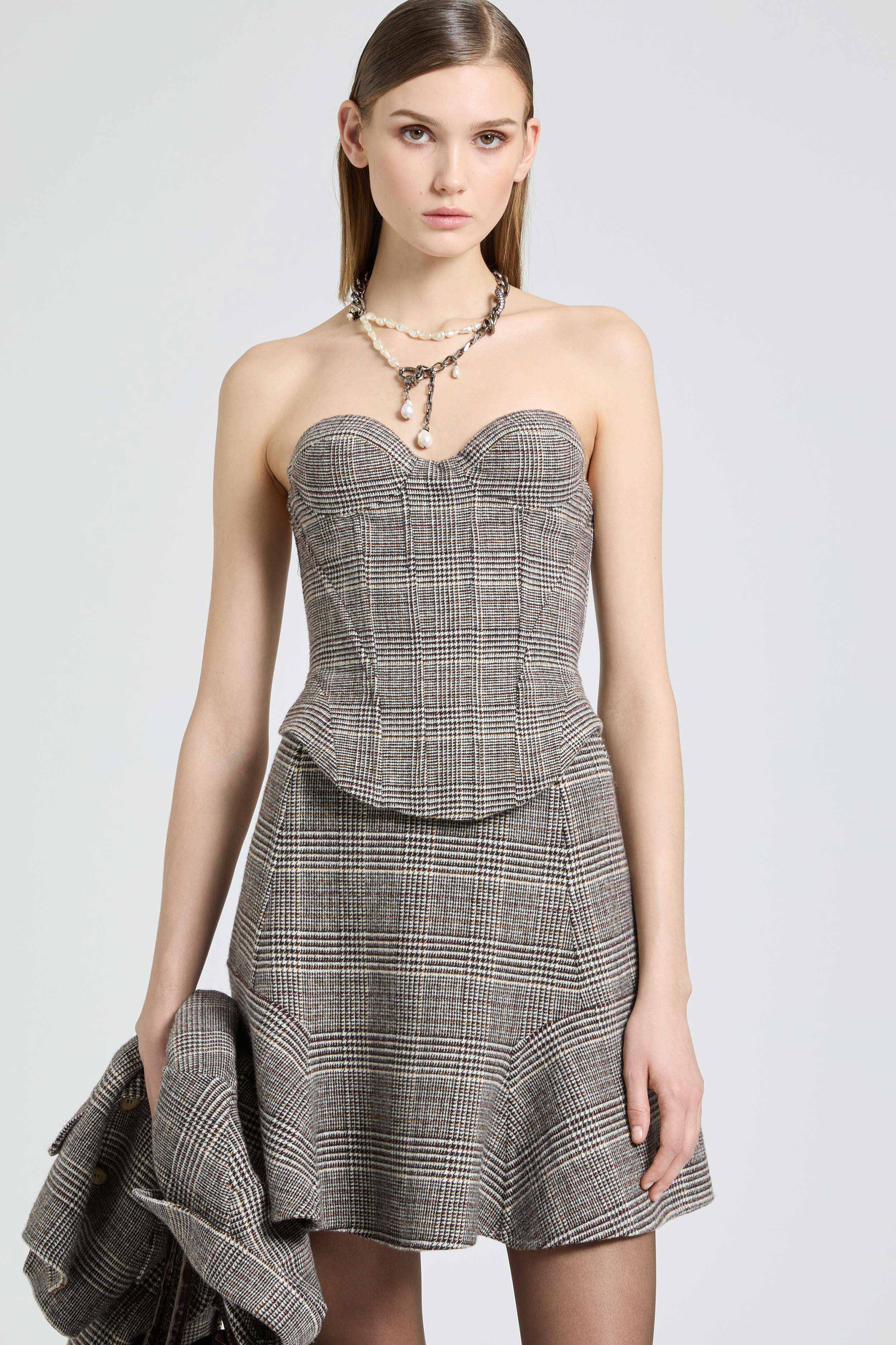 Prince of Wales wool bustier with corsetry construction - Image 3