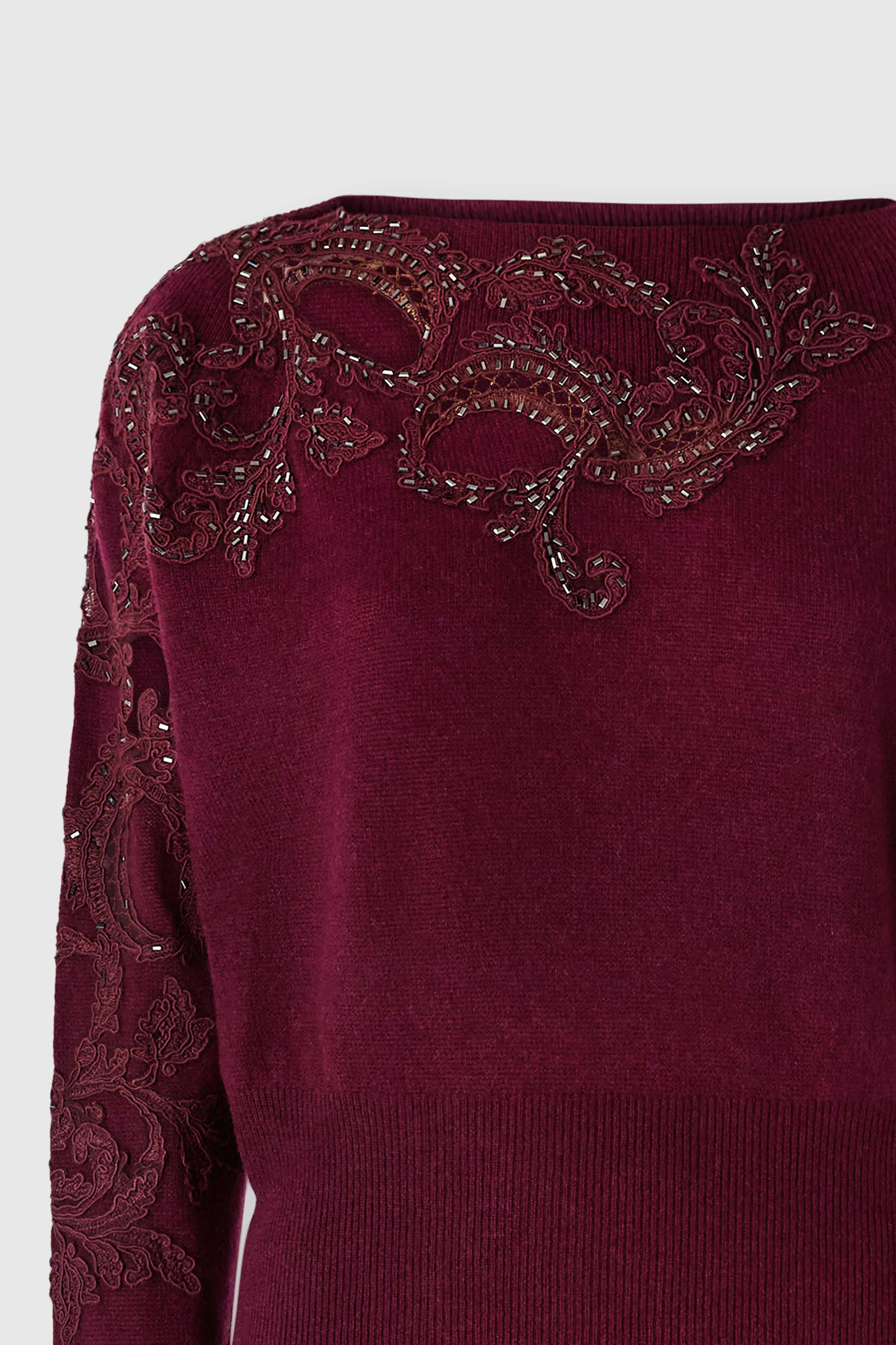 Pure cashmere crewneck sweater with rebrodé lace and crystals - Image 2