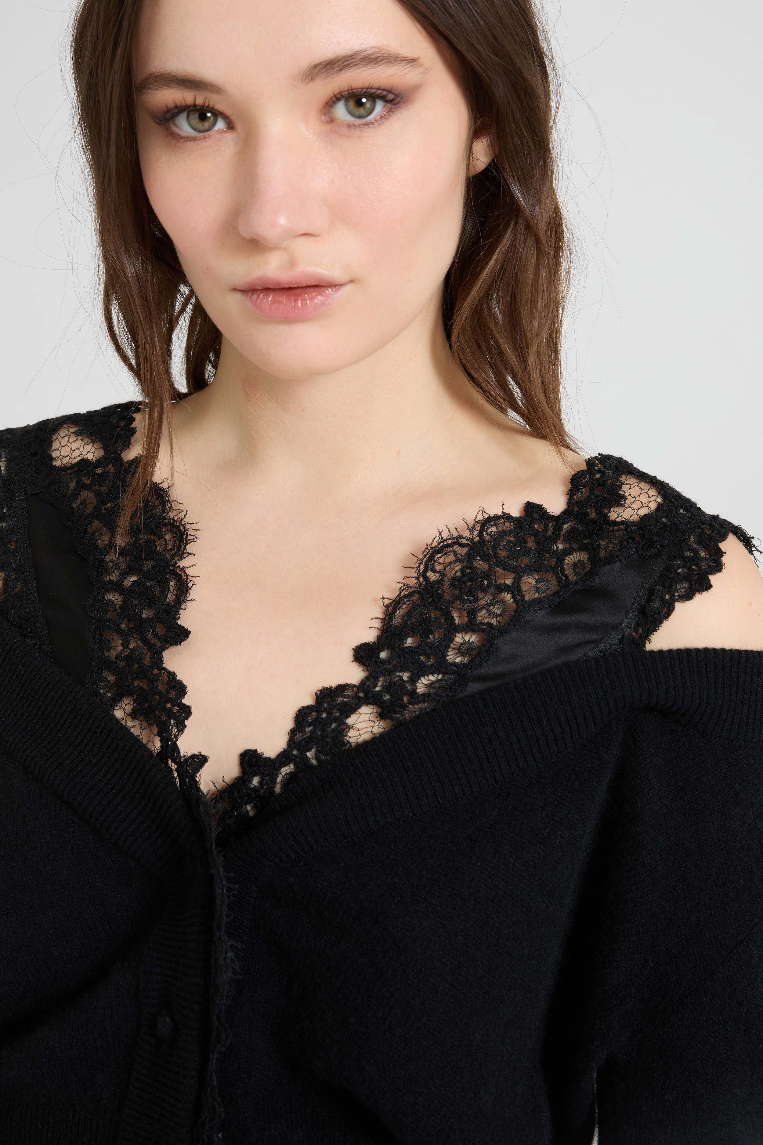 Pure cashmere deep V-neck cardigan with wool lace details - Image 4