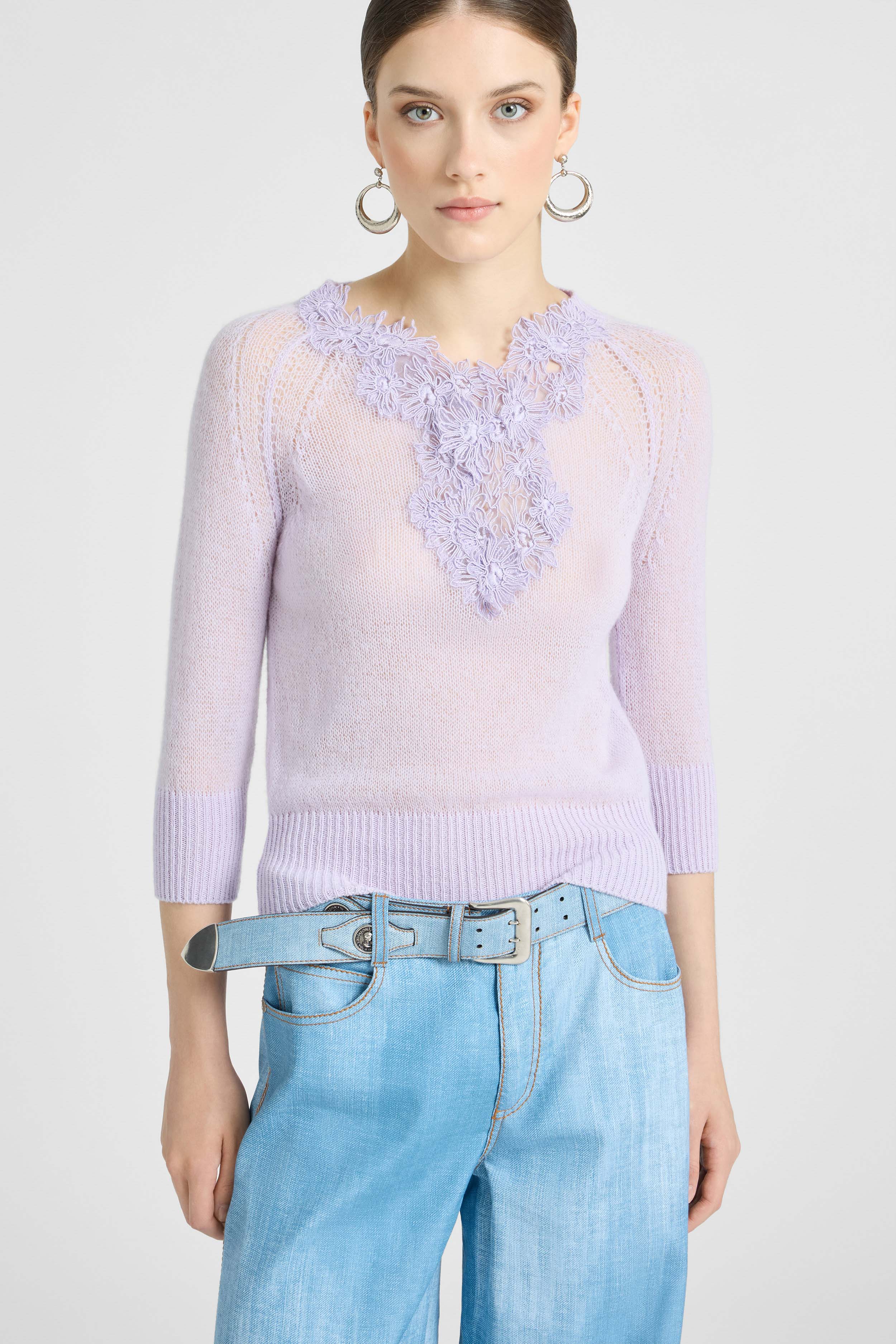 Pure cashmere sweater top with rebrodé lace - Image 2