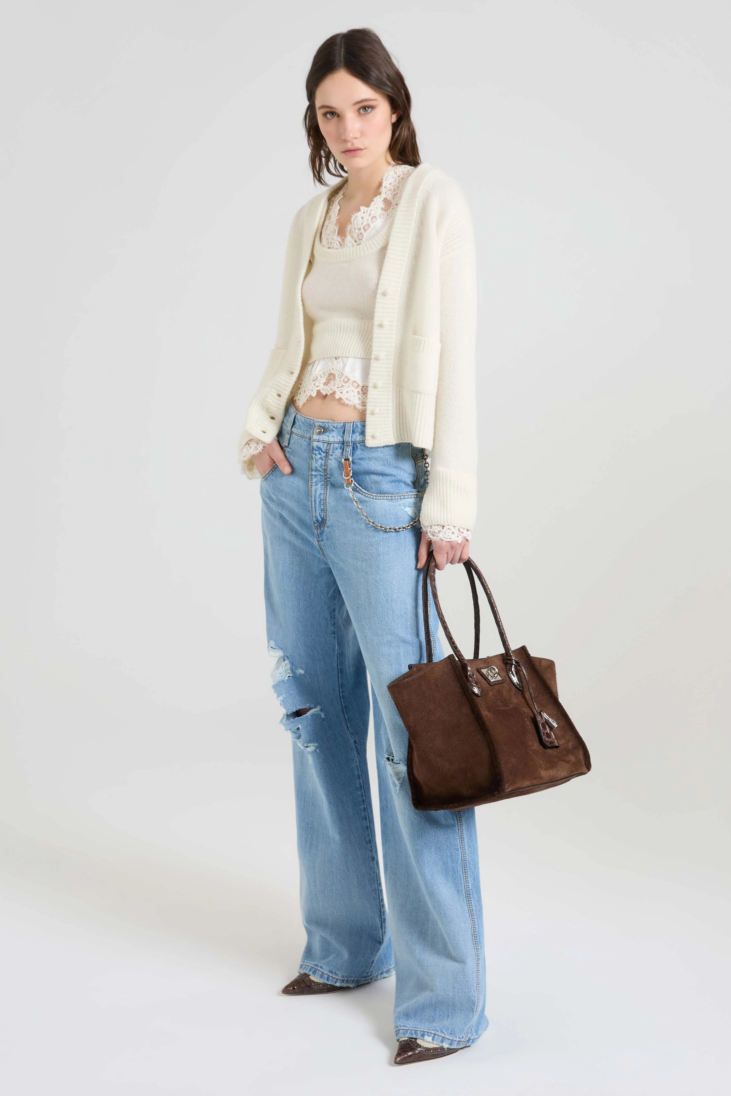 Pure cashmere V-neck cardigan with wool lace details - Image 3