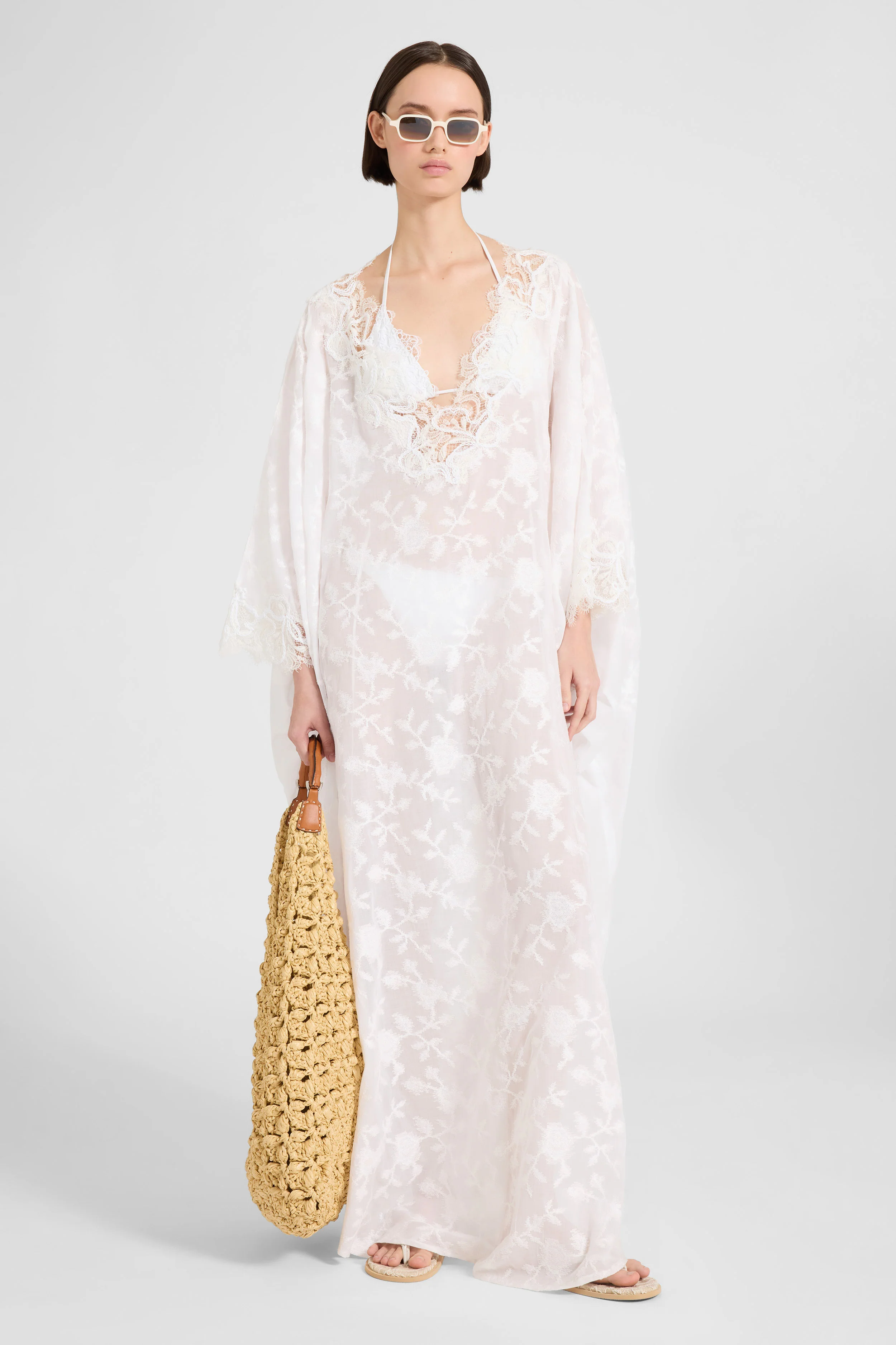 Pure cotton voile kaftan with all-over floral embroidery - Image 2
