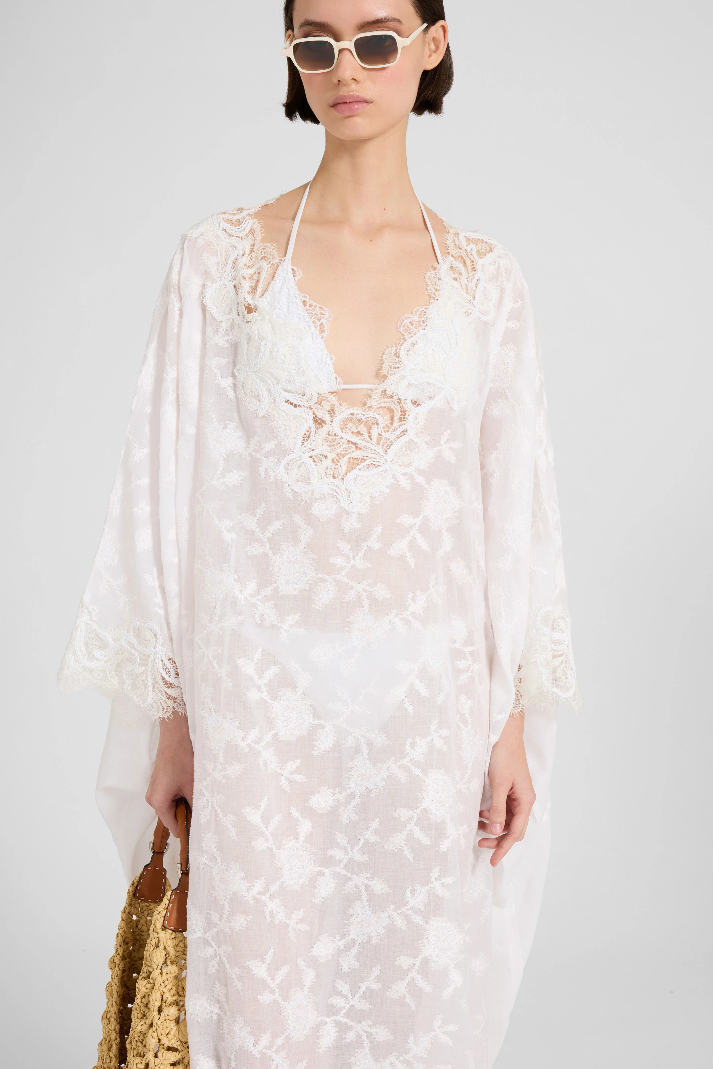Pure cotton voile kaftan with all-over floral embroidery - Image 4