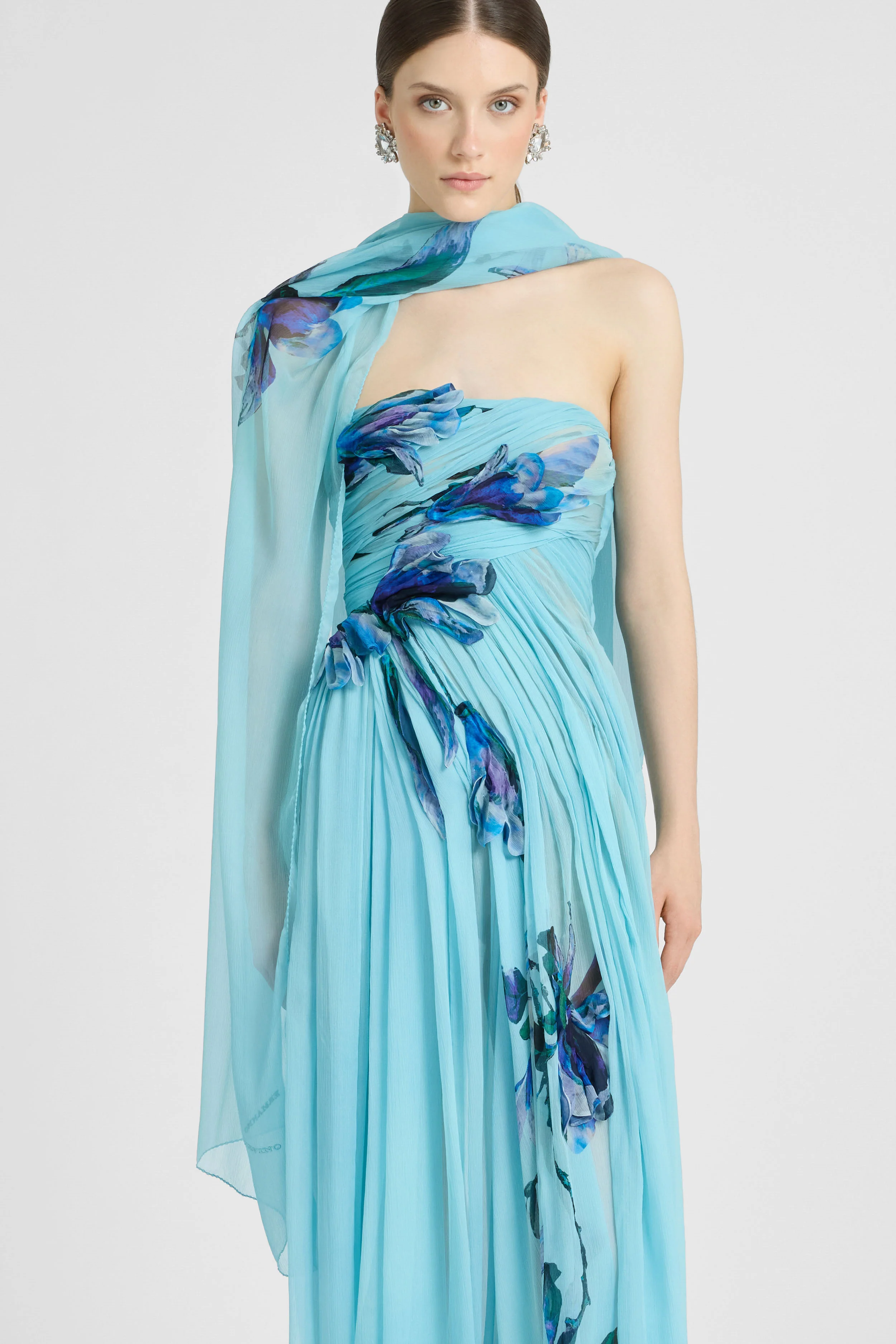 Pure silk chiffon stole with blue iris motif - Image 2