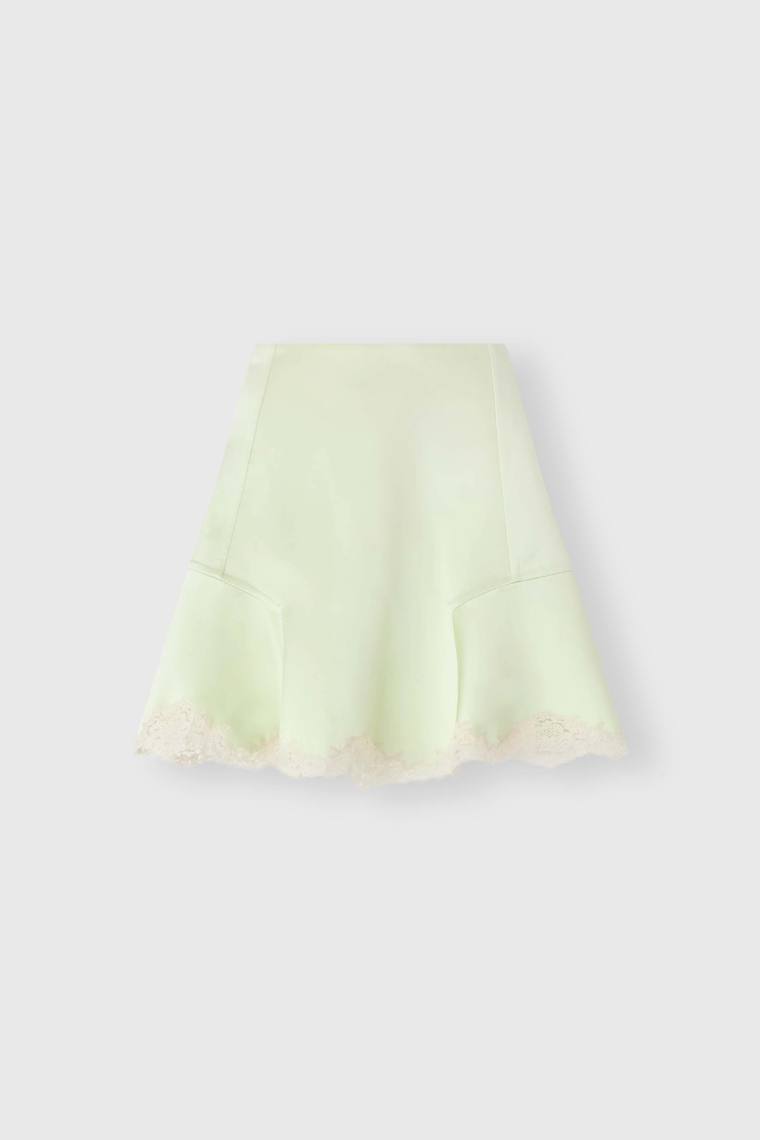 Pure silk satin mini skirt with contrasting rebrodé lace