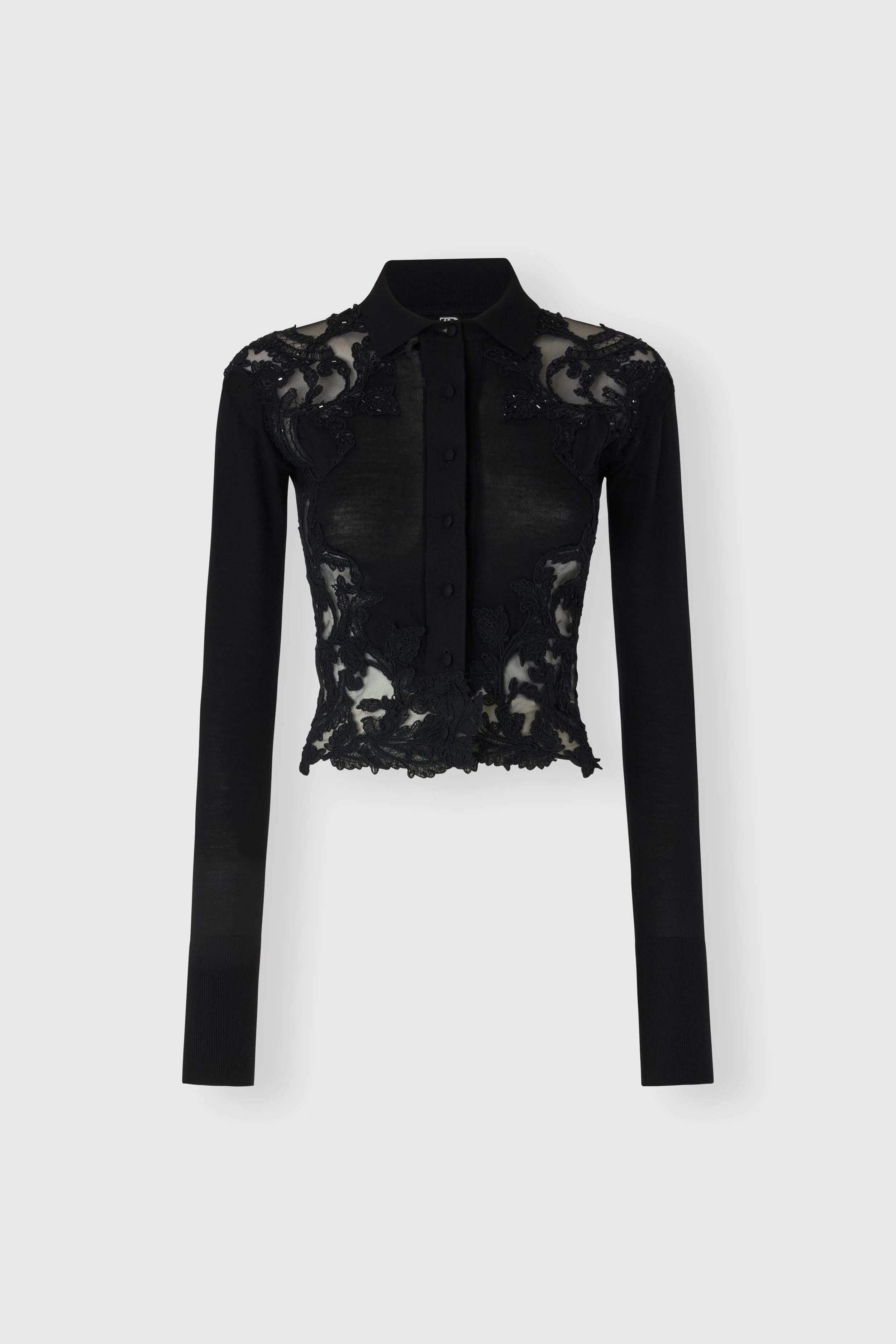 Pure virgin wool shirt with lace and crystal details