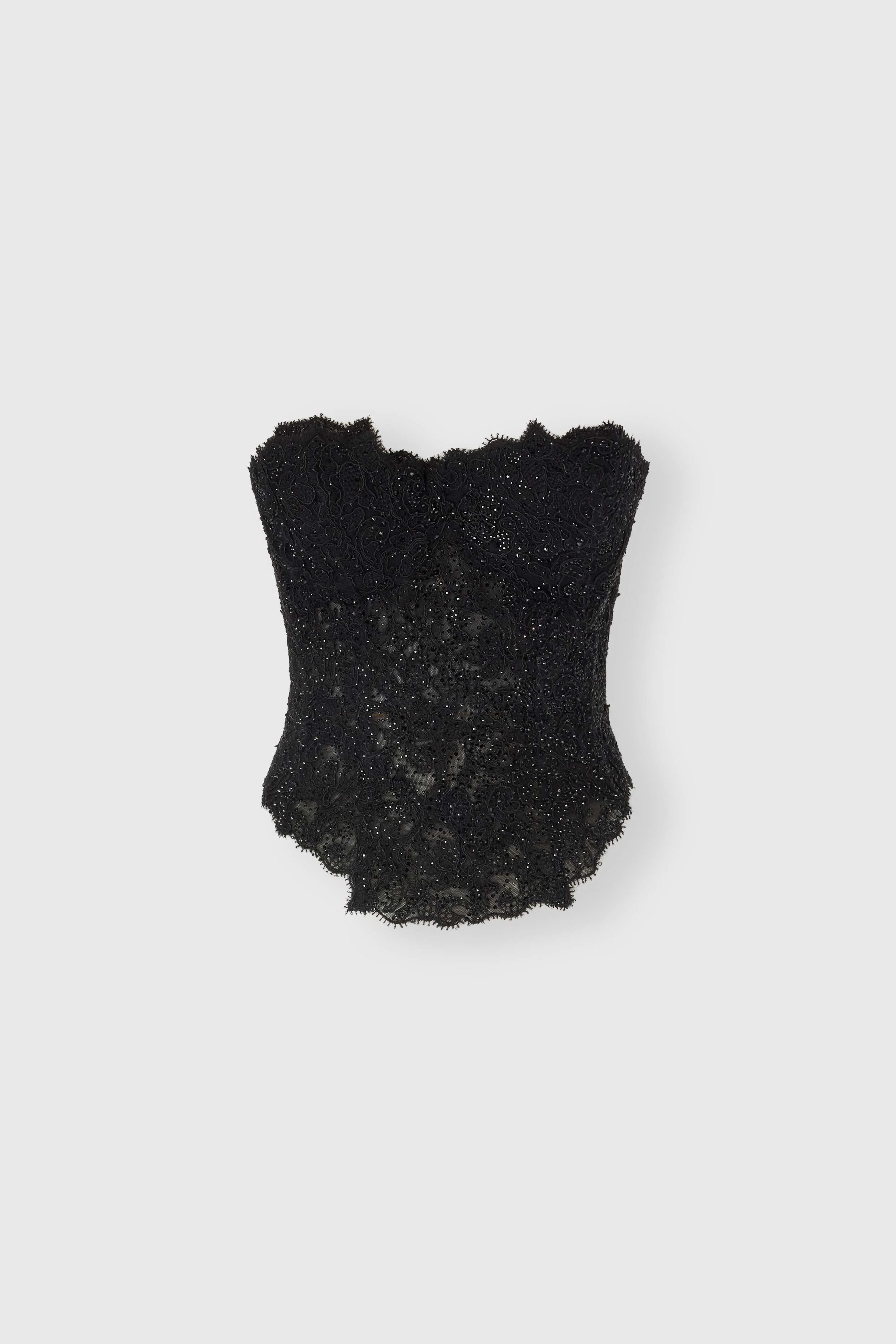 Rebrodé lace bustier with tone-on-tone crystals and V-shaped hem