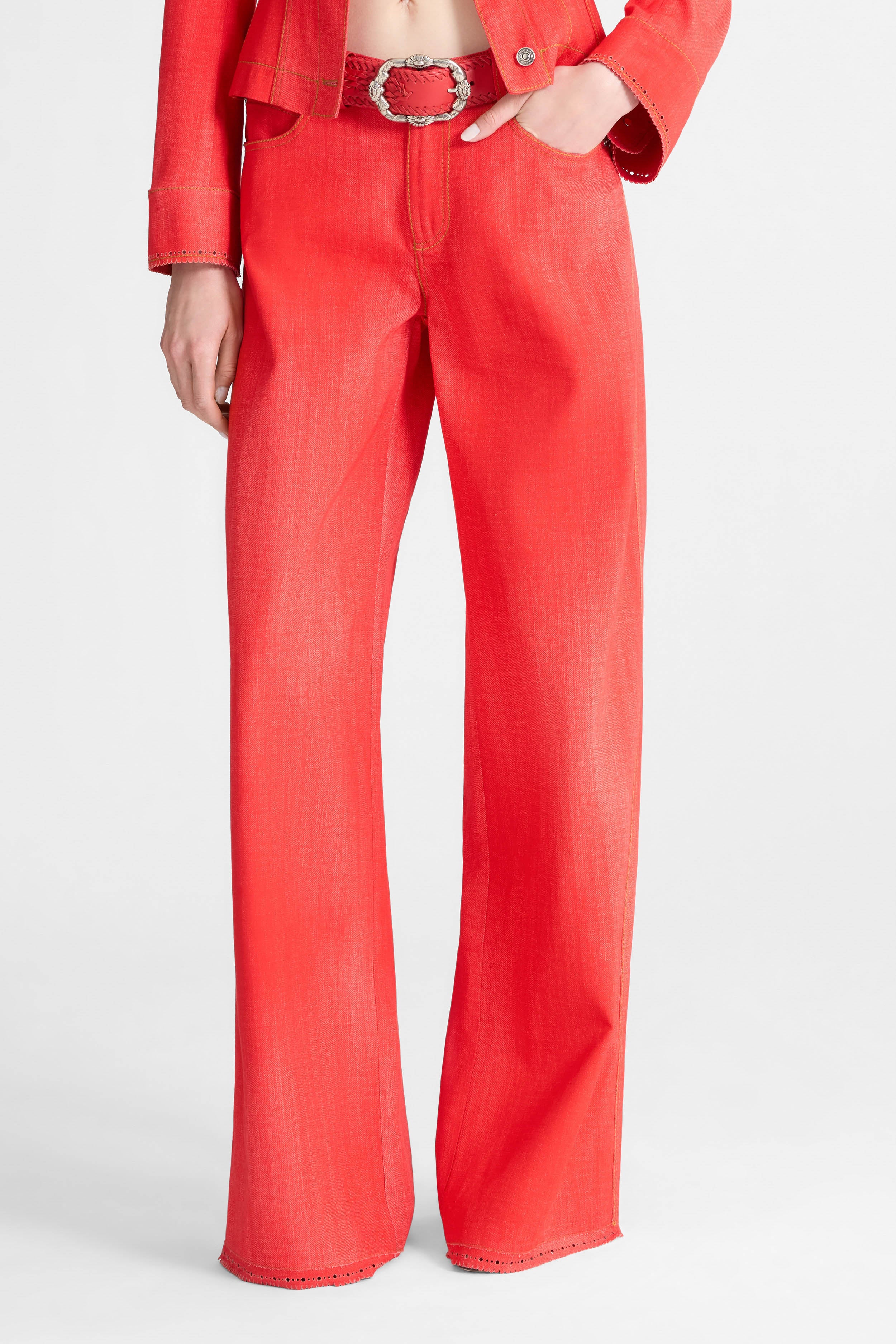 Red printed jeans-effect marocain palazzo trousers - Image 2
