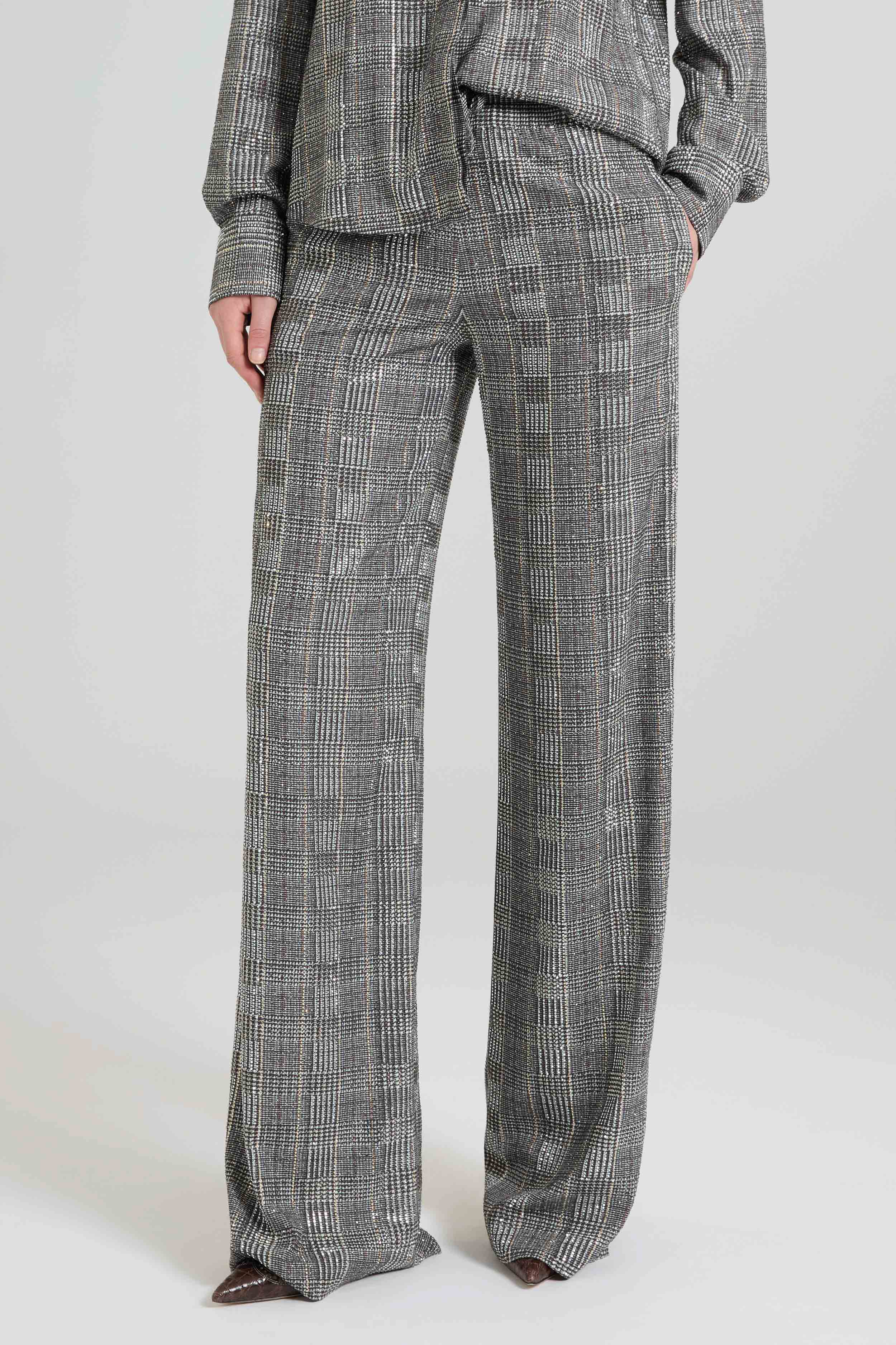 Relaxed tailored trousers in Prince of Wales-print marocain with crystals - Image 3