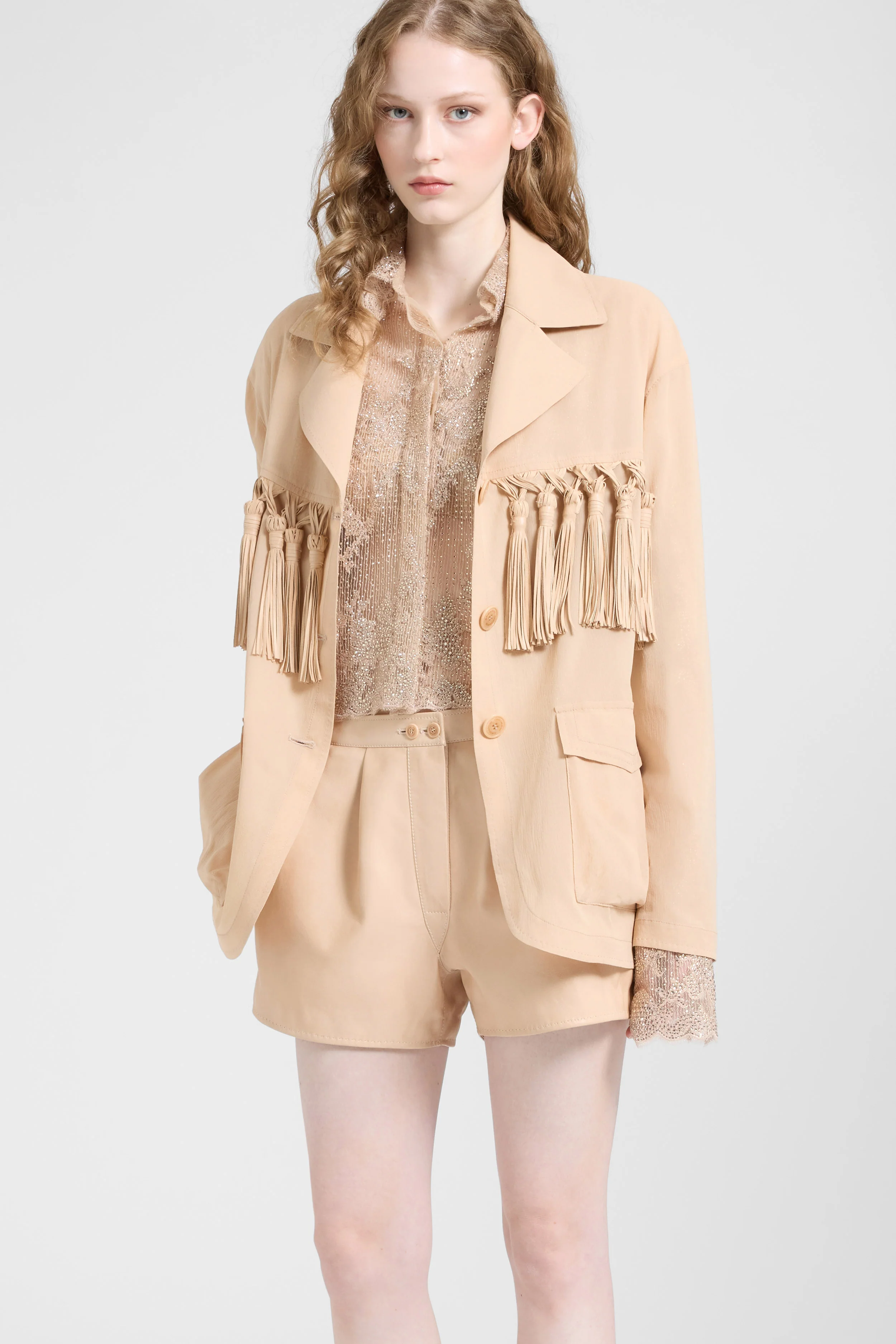 Sahariana in georgette bonded with silk chiffon with nappa tassels - Image 3