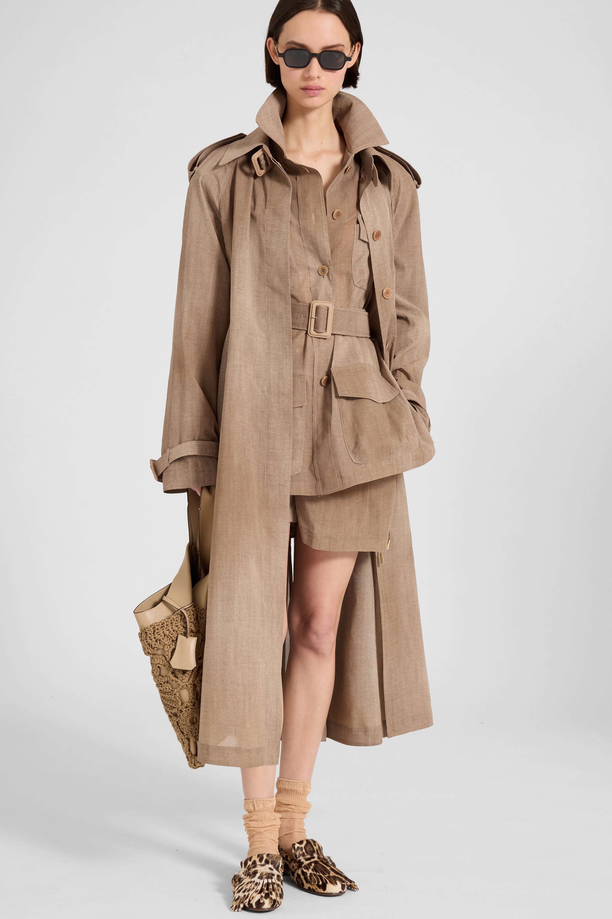 Sahariana in technical georgette with silk chiffon and nappa belt - Image 3