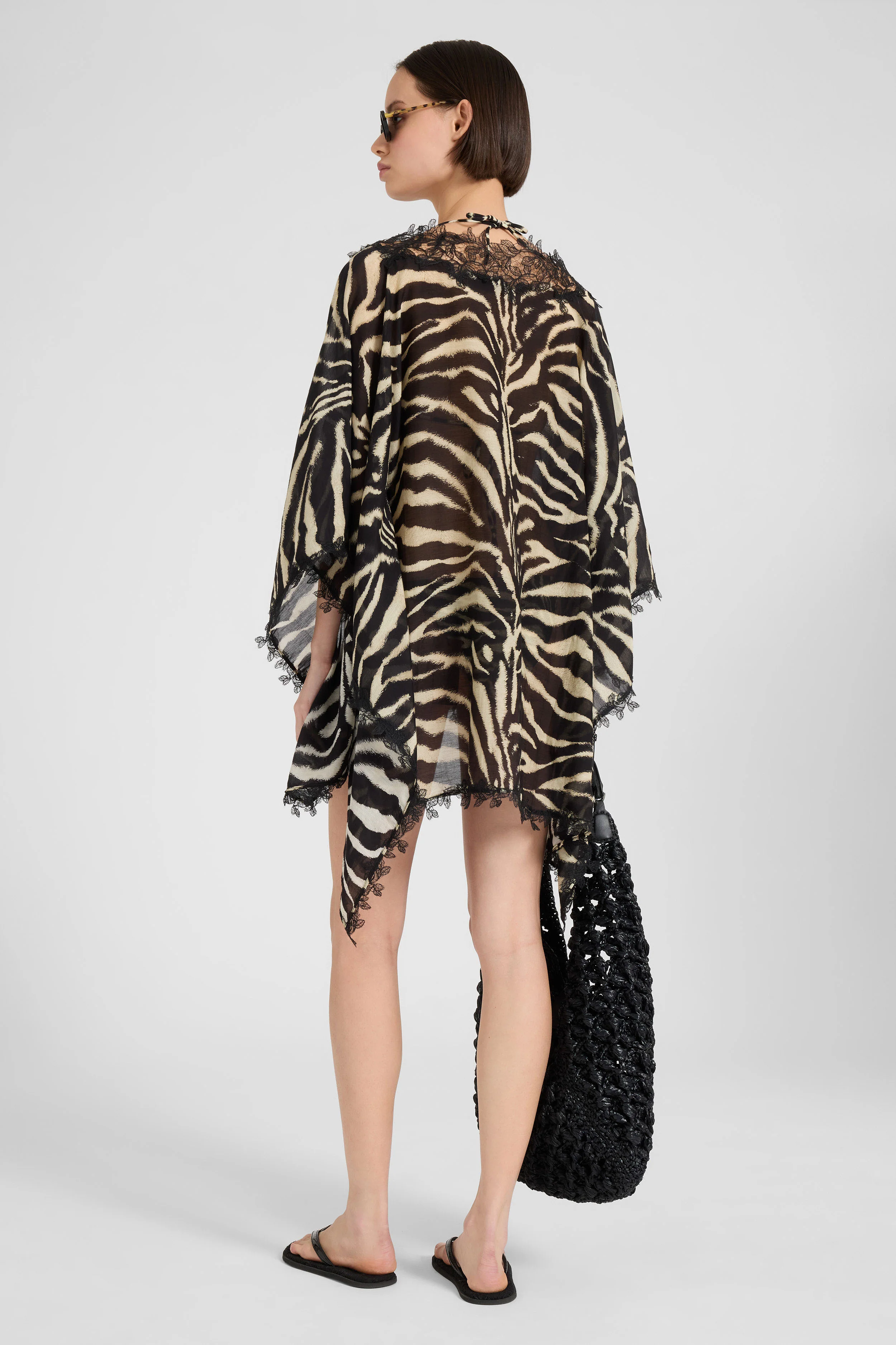 Short cotton and silk blend kaftan with zebra animalier print - Image 5