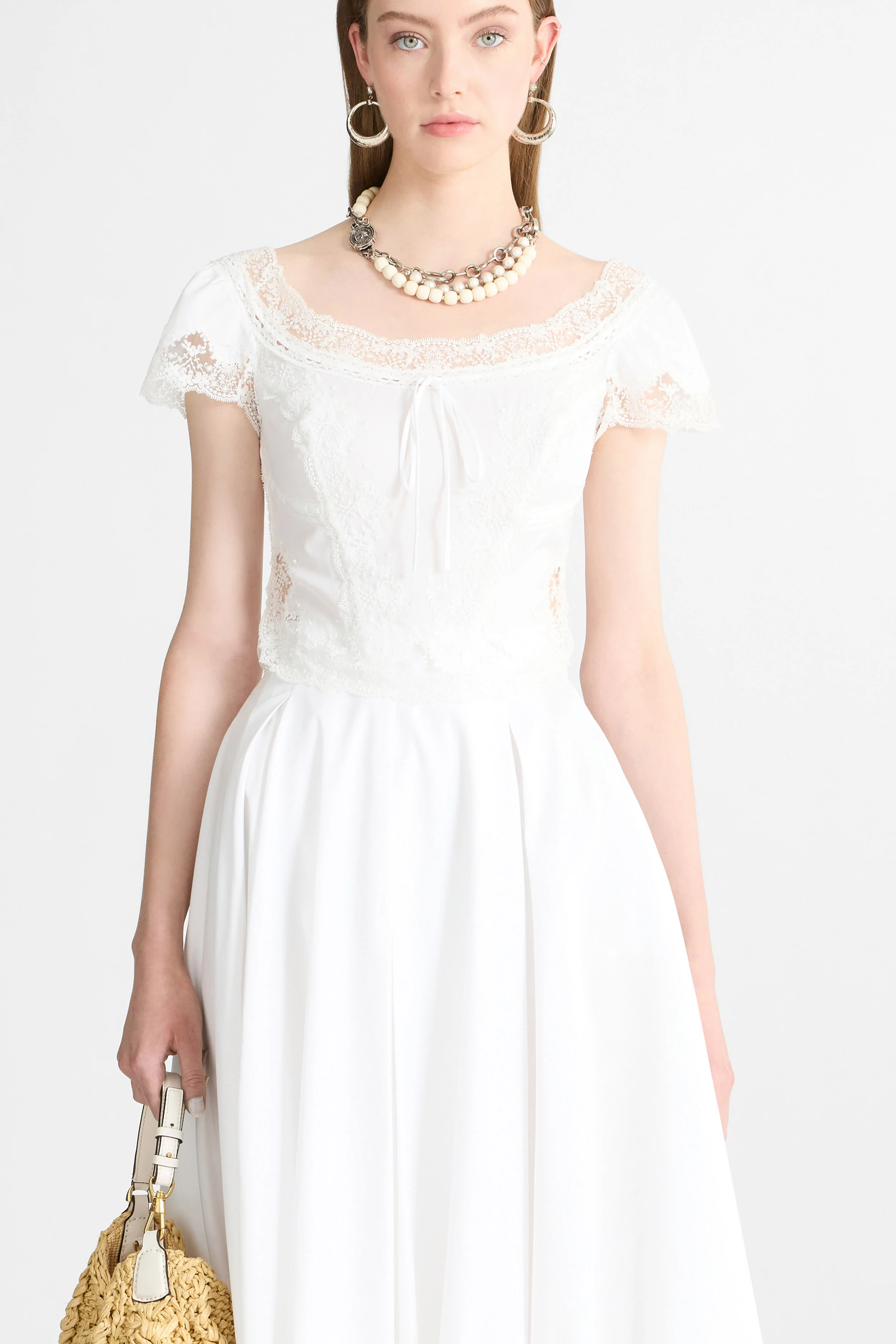 Short-Sleeve Cotton Poplin Top with Chantilly Lace - Image 2
