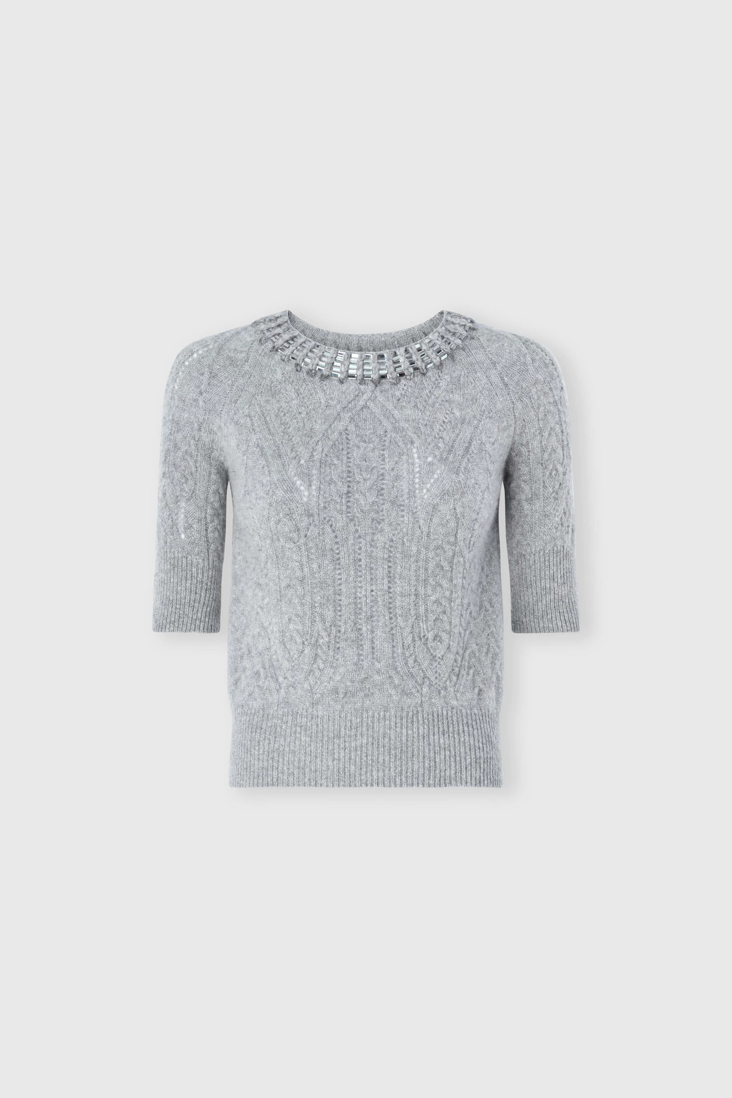 Short-sleeved cashmere sweater with cable knit, openwork and crystals
