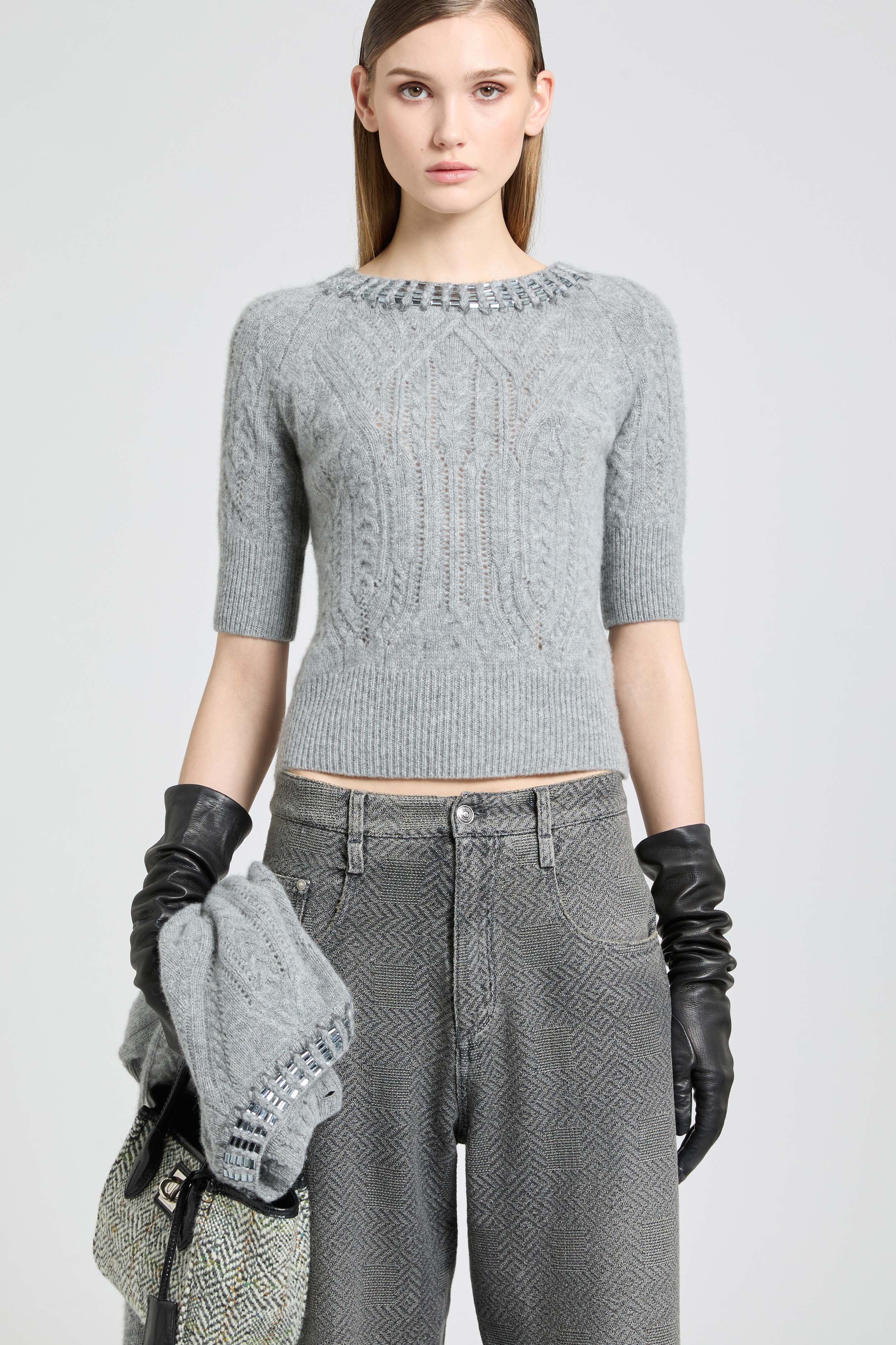 Short-sleeved cashmere sweater with cable knit, openwork and crystals - Image 2