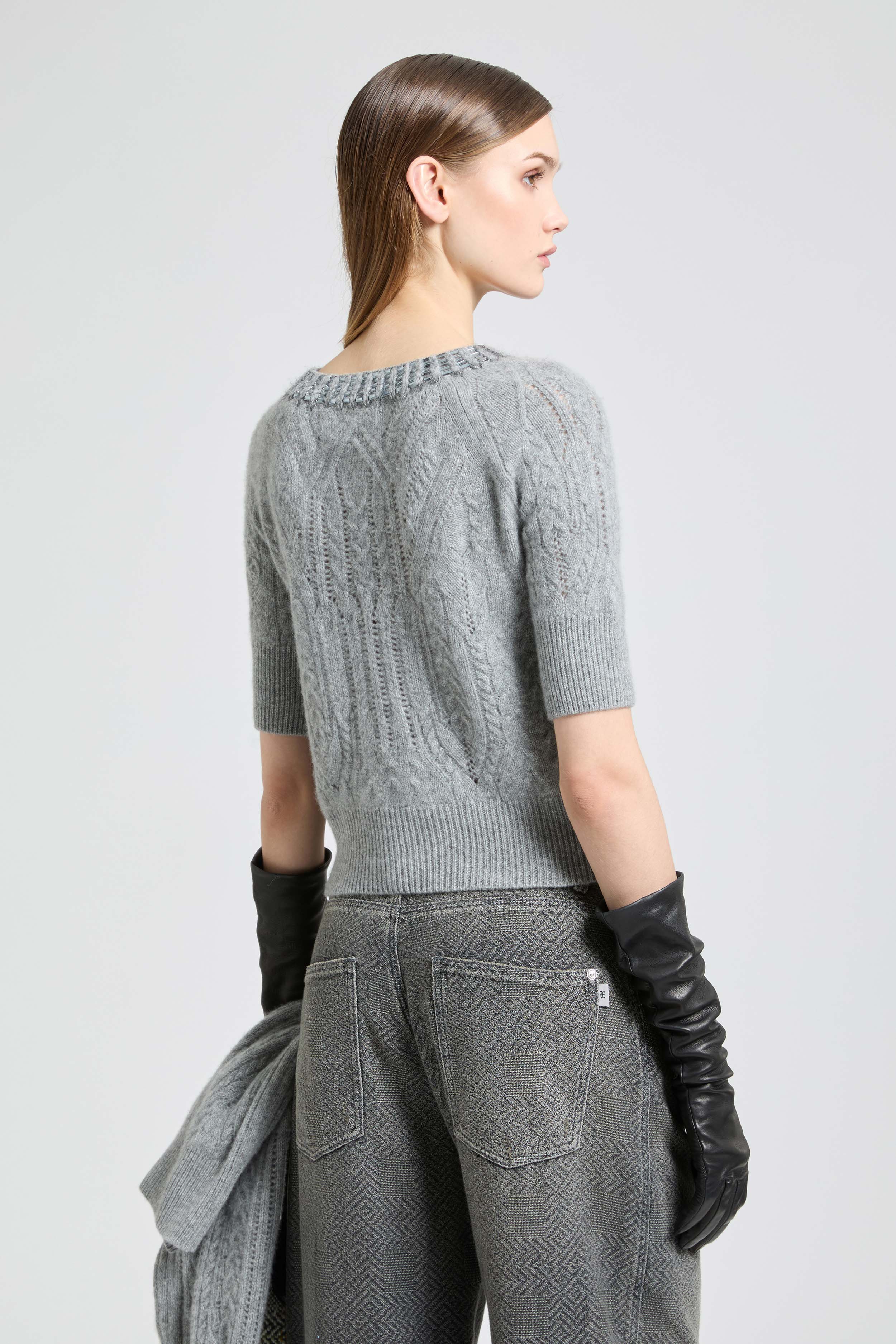 Short-sleeved cashmere sweater with cable knit, openwork and crystals - Image 5