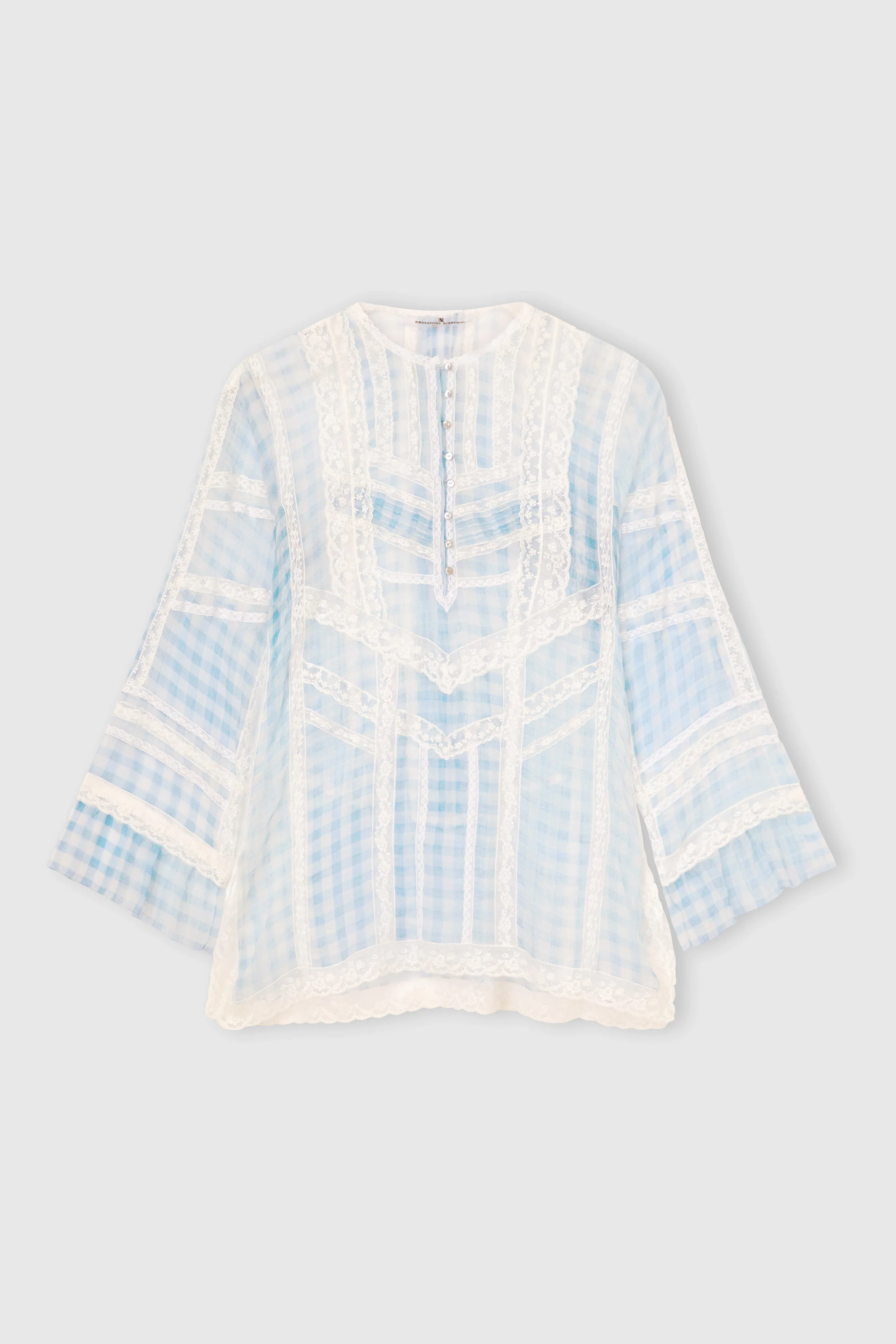 Silk Blouse with Vichy Print and Valencienne Lace