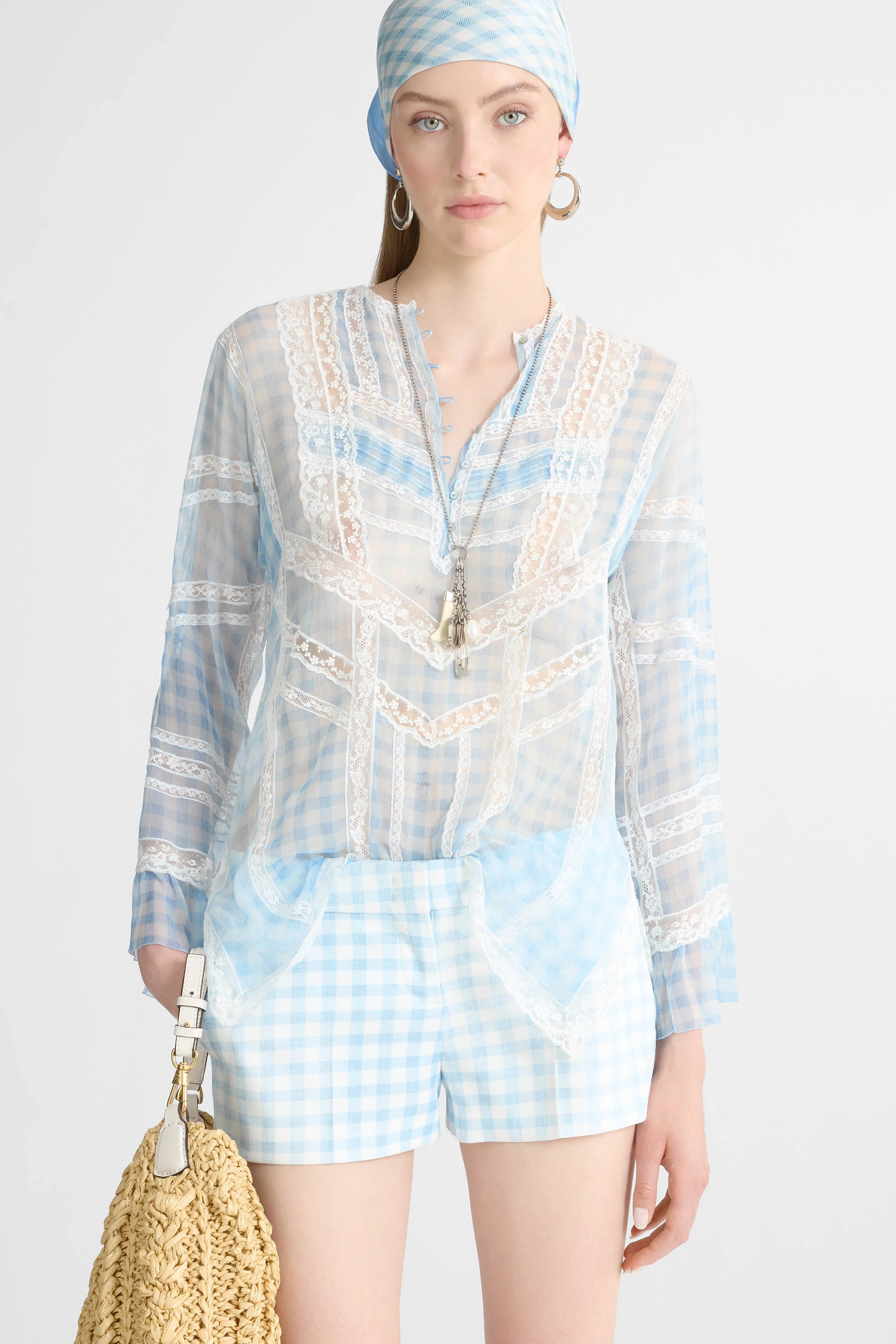 Silk Blouse with Vichy Print and Valencienne Lace - Image 2