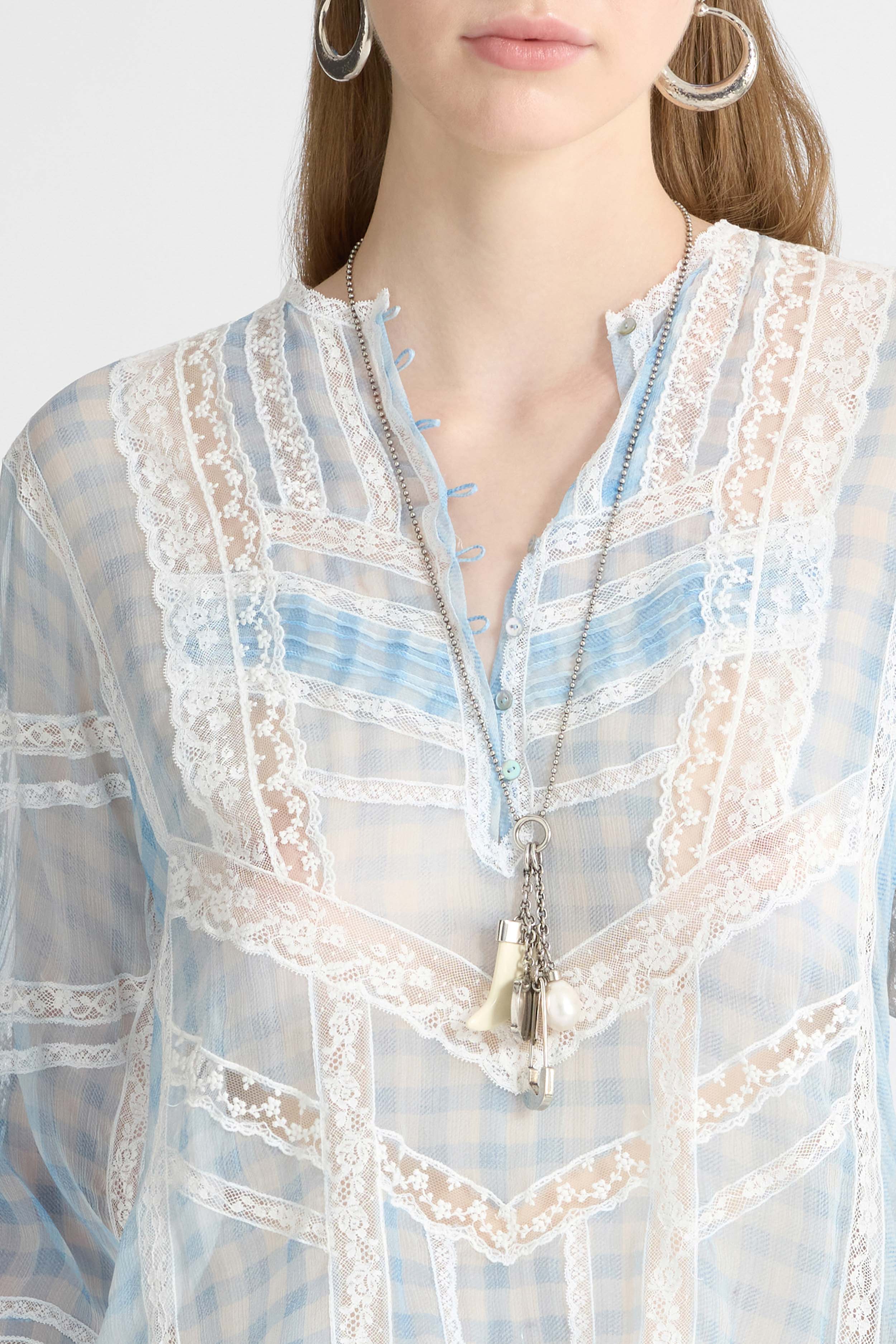 Silk Blouse with Vichy Print and Valencienne Lace - Image 4