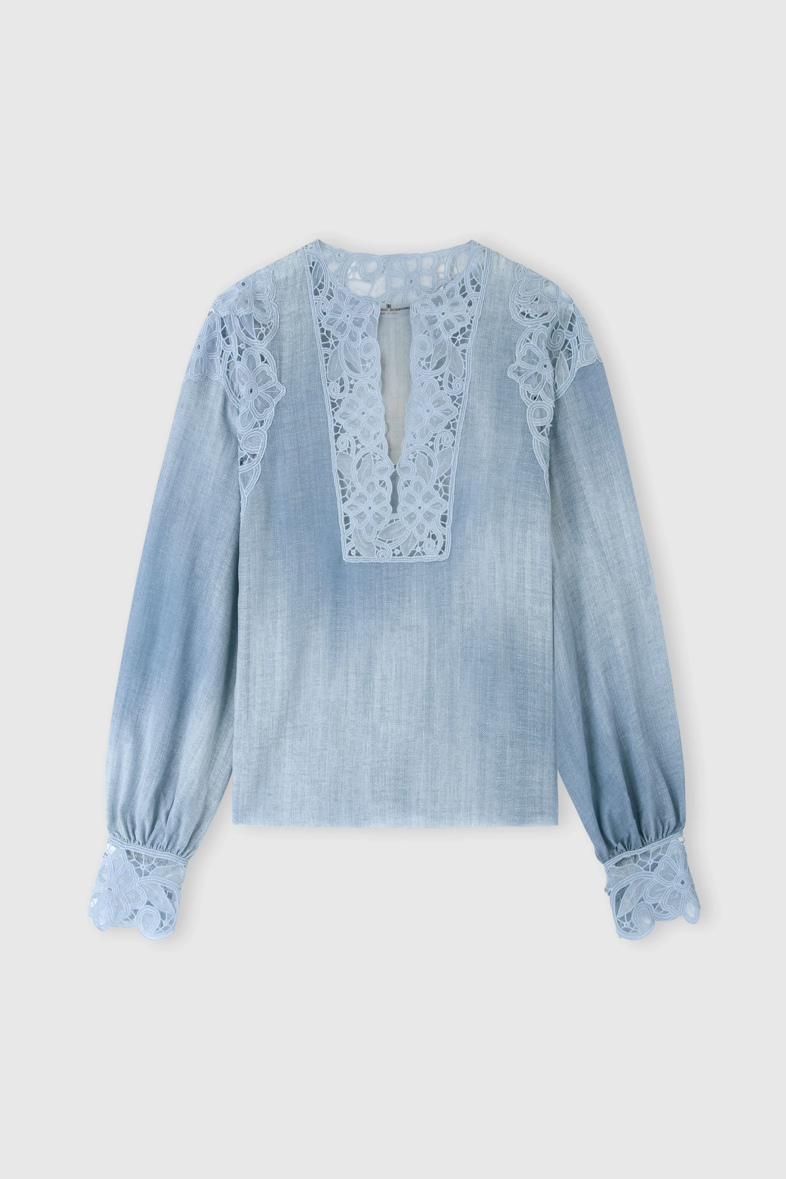 Silk crêpe caftan blouse with denim print