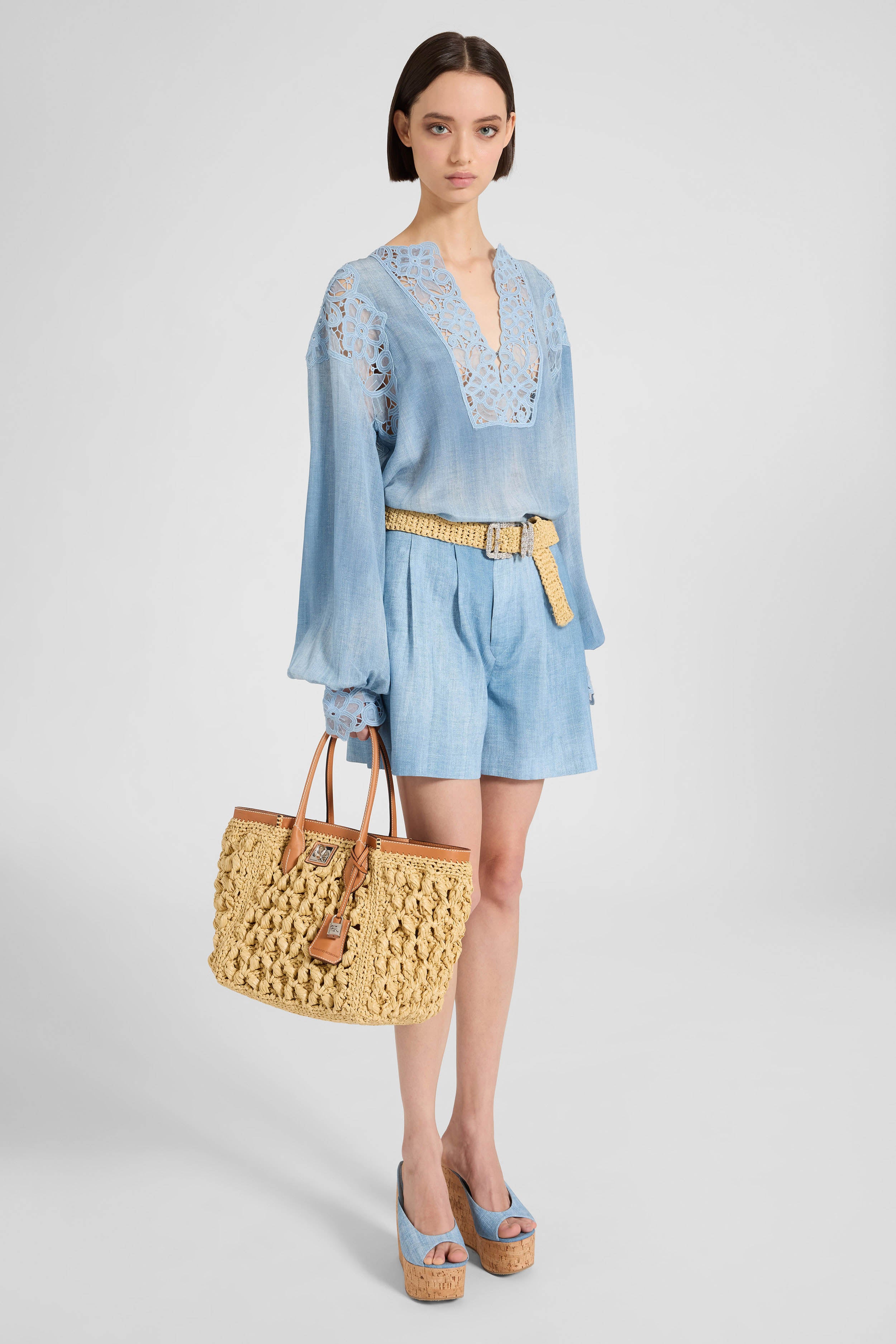 Silk crêpe caftan blouse with denim print - Image 2