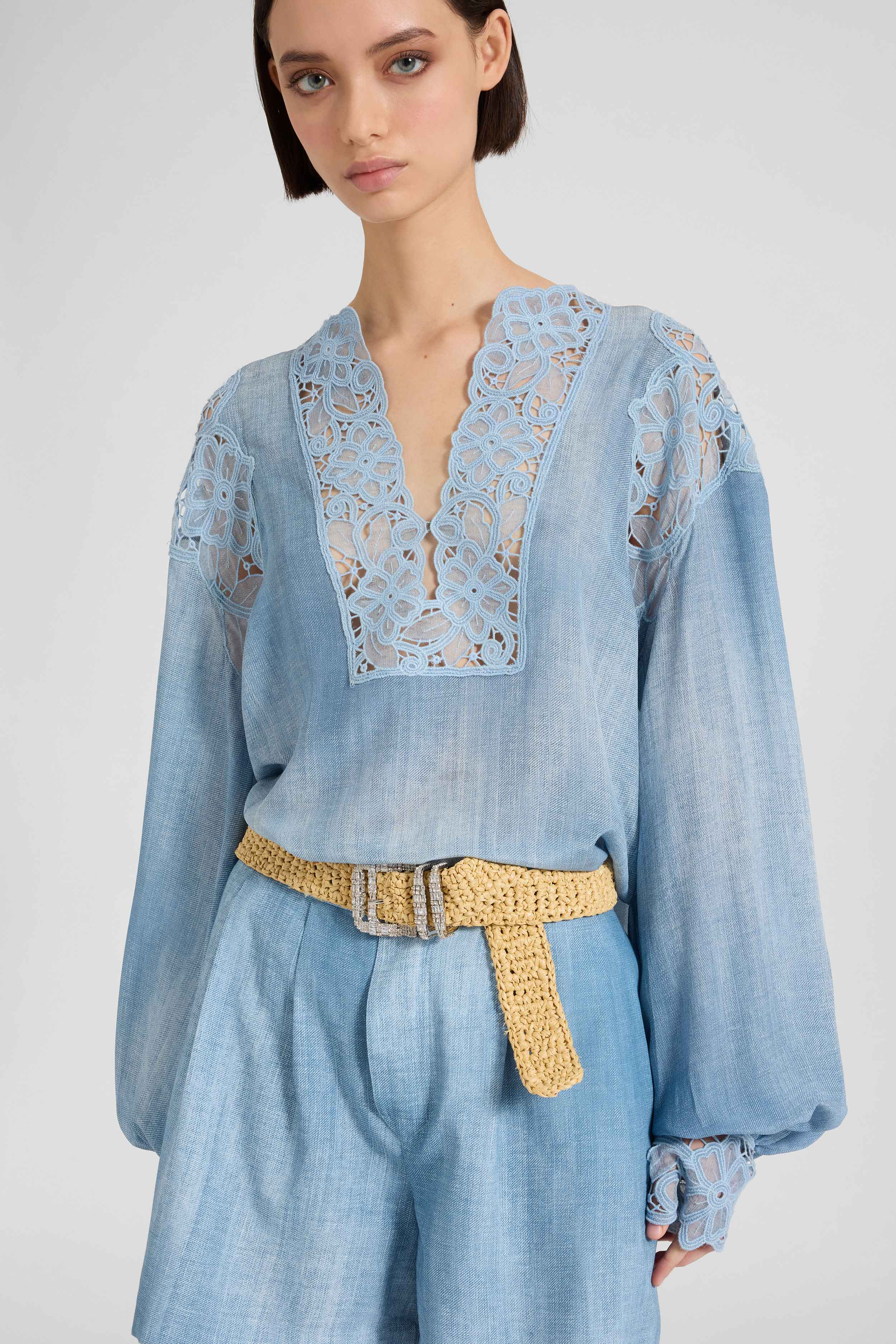 Silk crêpe caftan blouse with denim print - Image 3