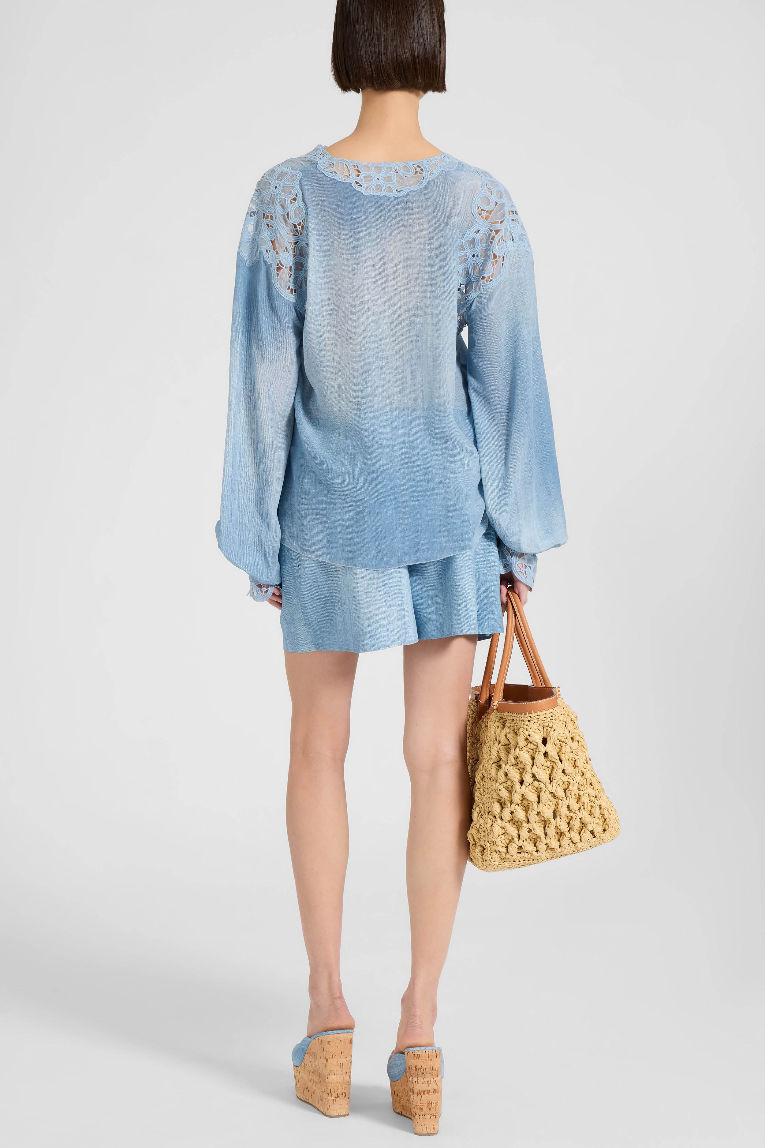 Silk crêpe caftan blouse with denim print - Image 4