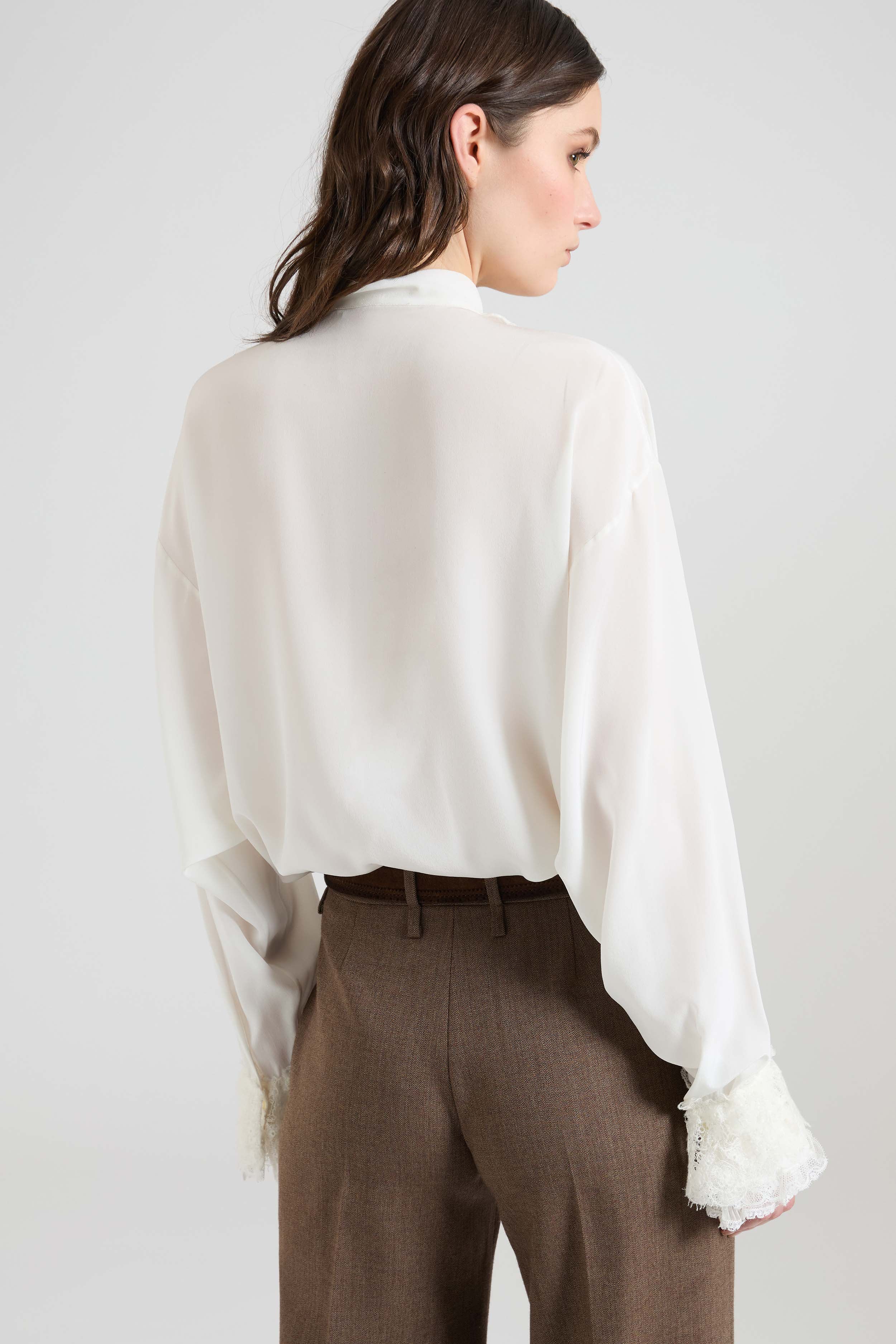 Silk crêpe de chine shirt with sash collar and Valencienne lace details - Image 5