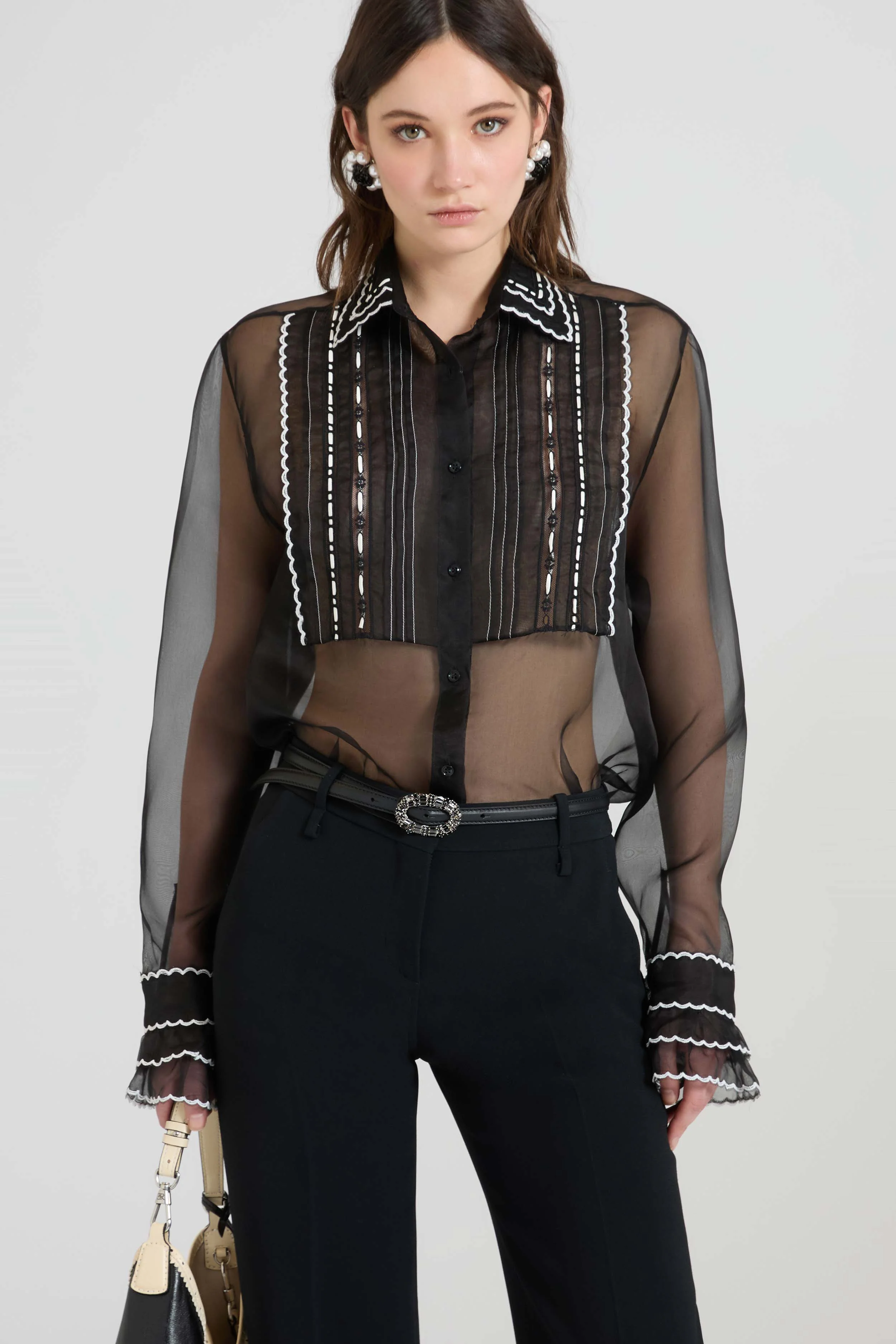 Silk organza shirt with geometric embroidery and handcrafted pleating - Image 2