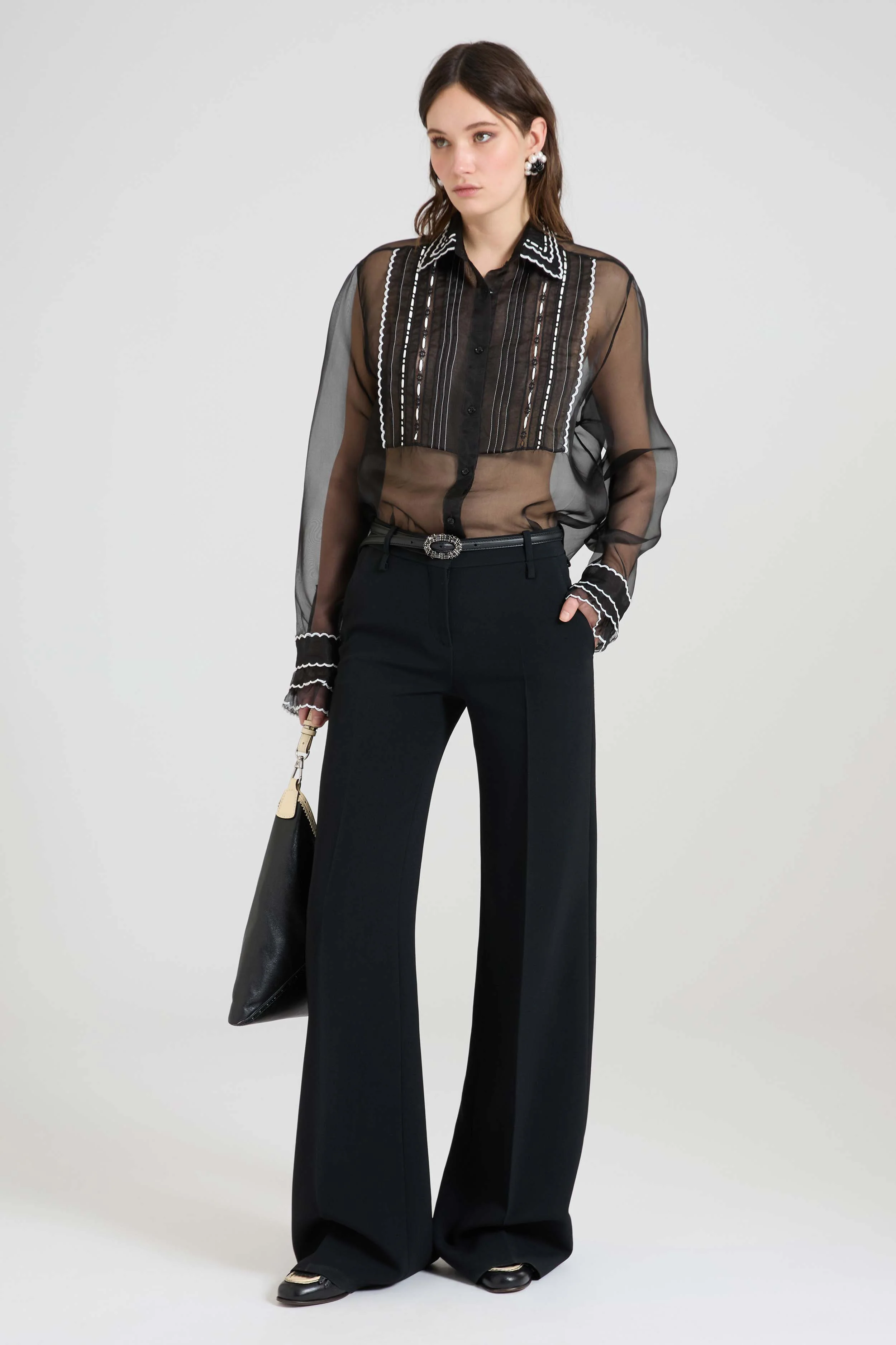 Silk organza shirt with geometric embroidery and handcrafted pleating - Image 3