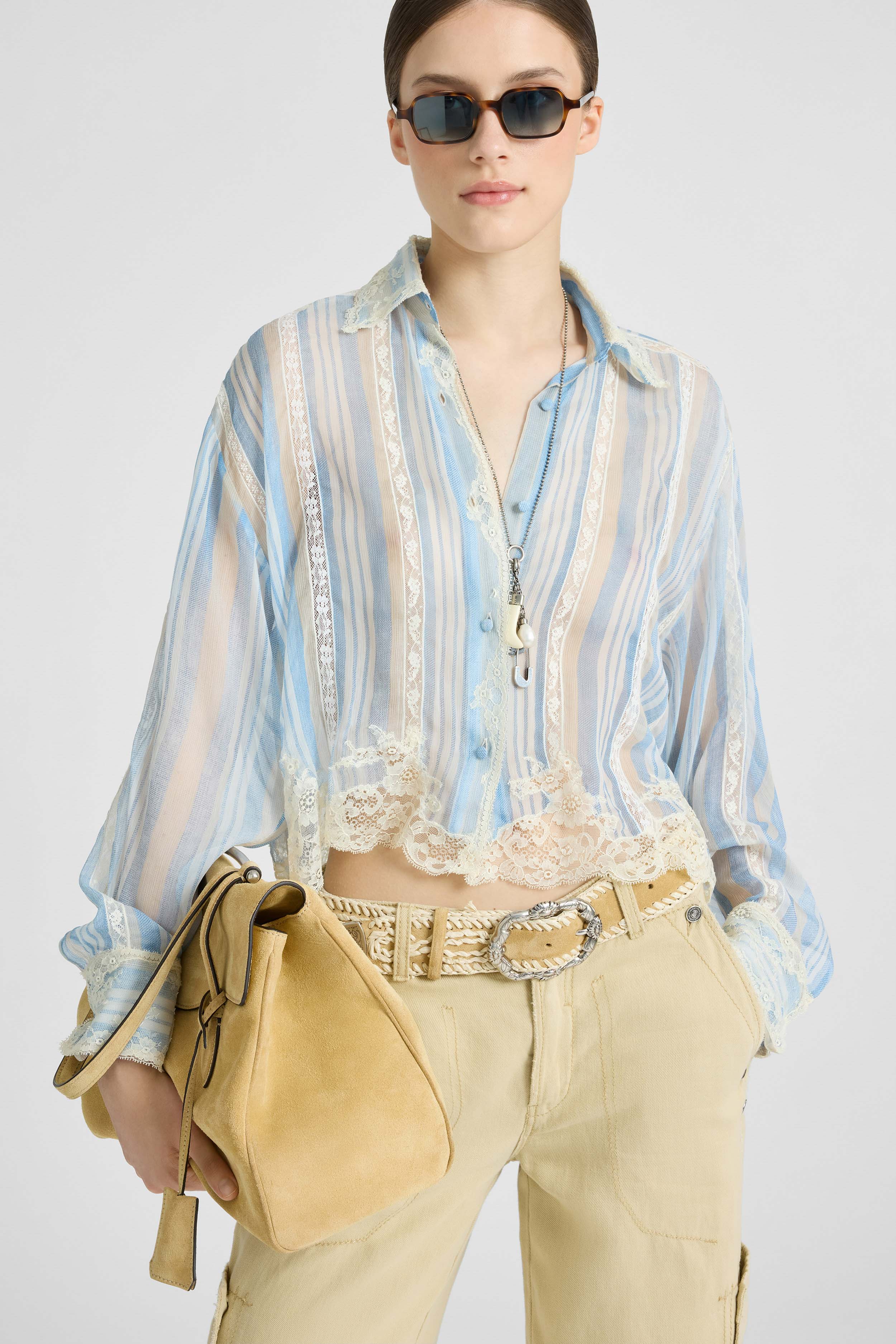 Silk shirt with striped print and lace details - Image 2