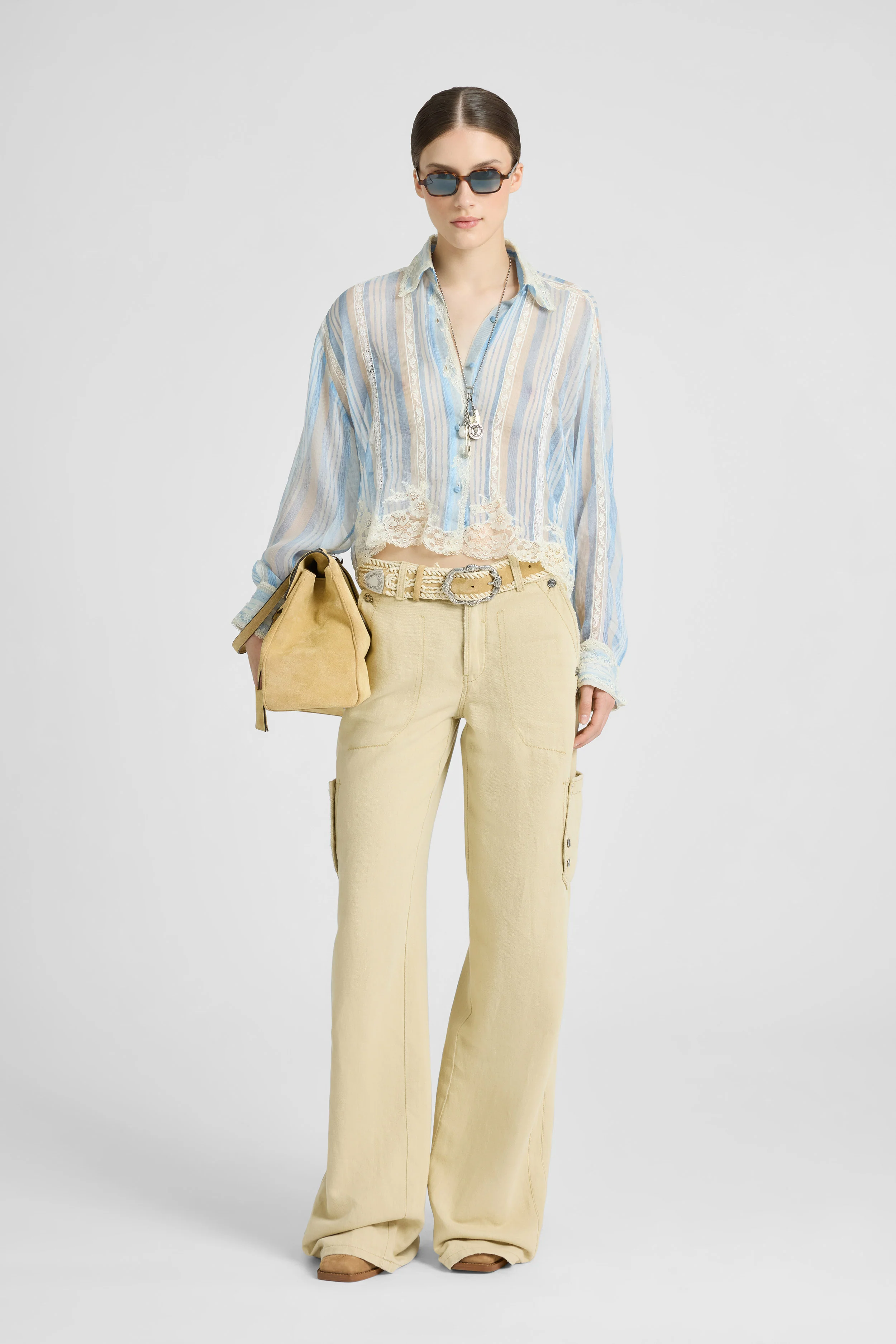 Silk shirt with striped print and lace details - Image 3