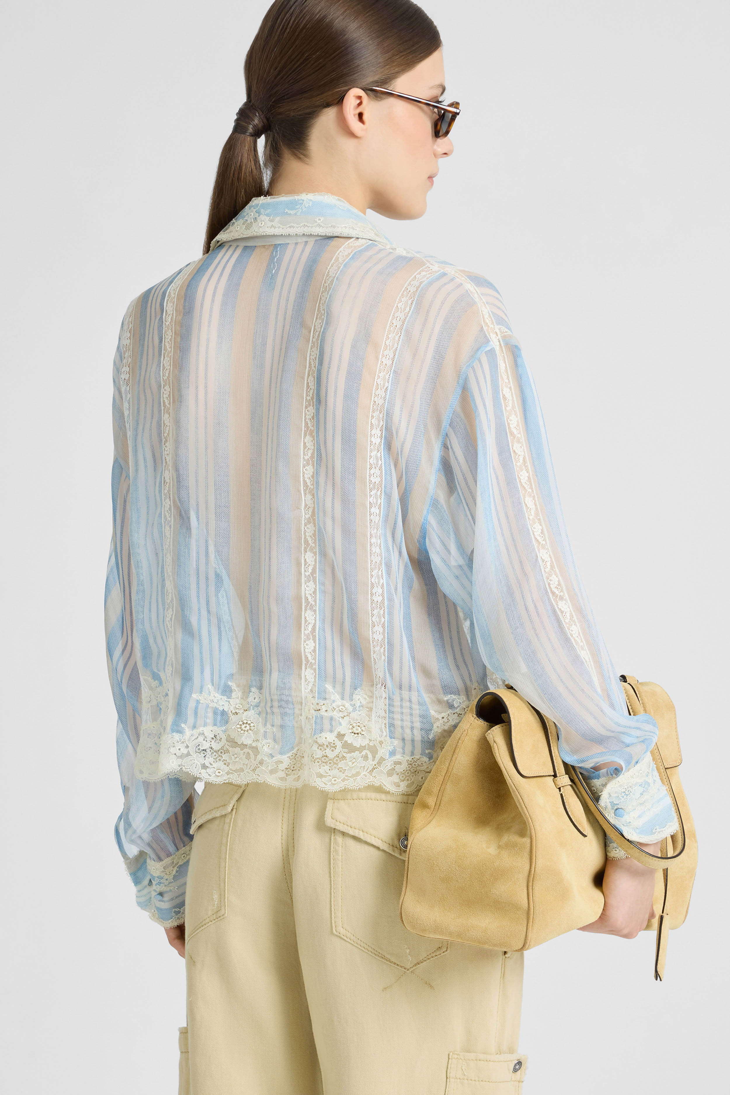 Silk shirt with striped print and lace details - Image 5