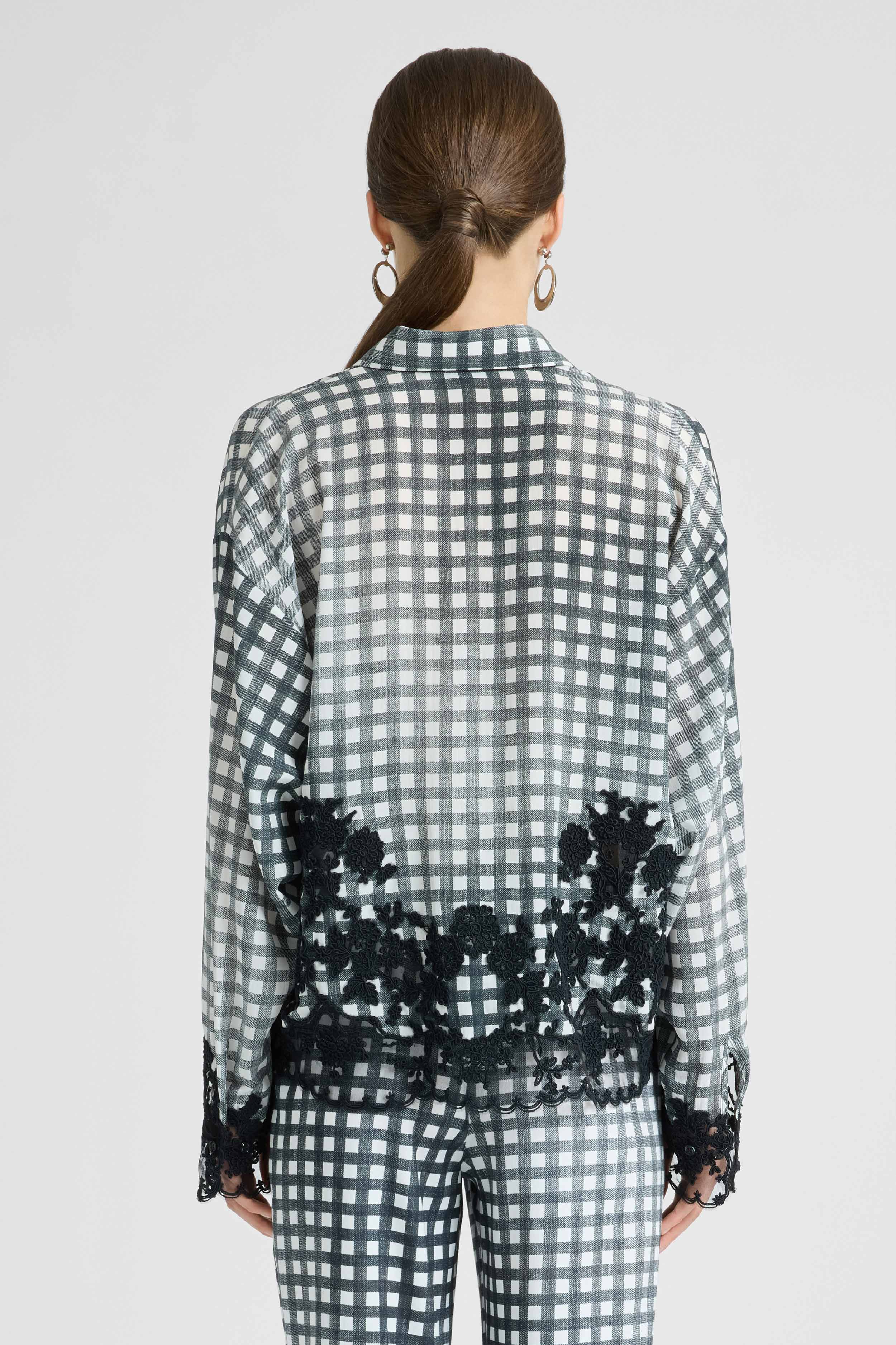 Silk Shirt with Vichy Pattern and Hand-Applied Rebrodé Lace - Image 5