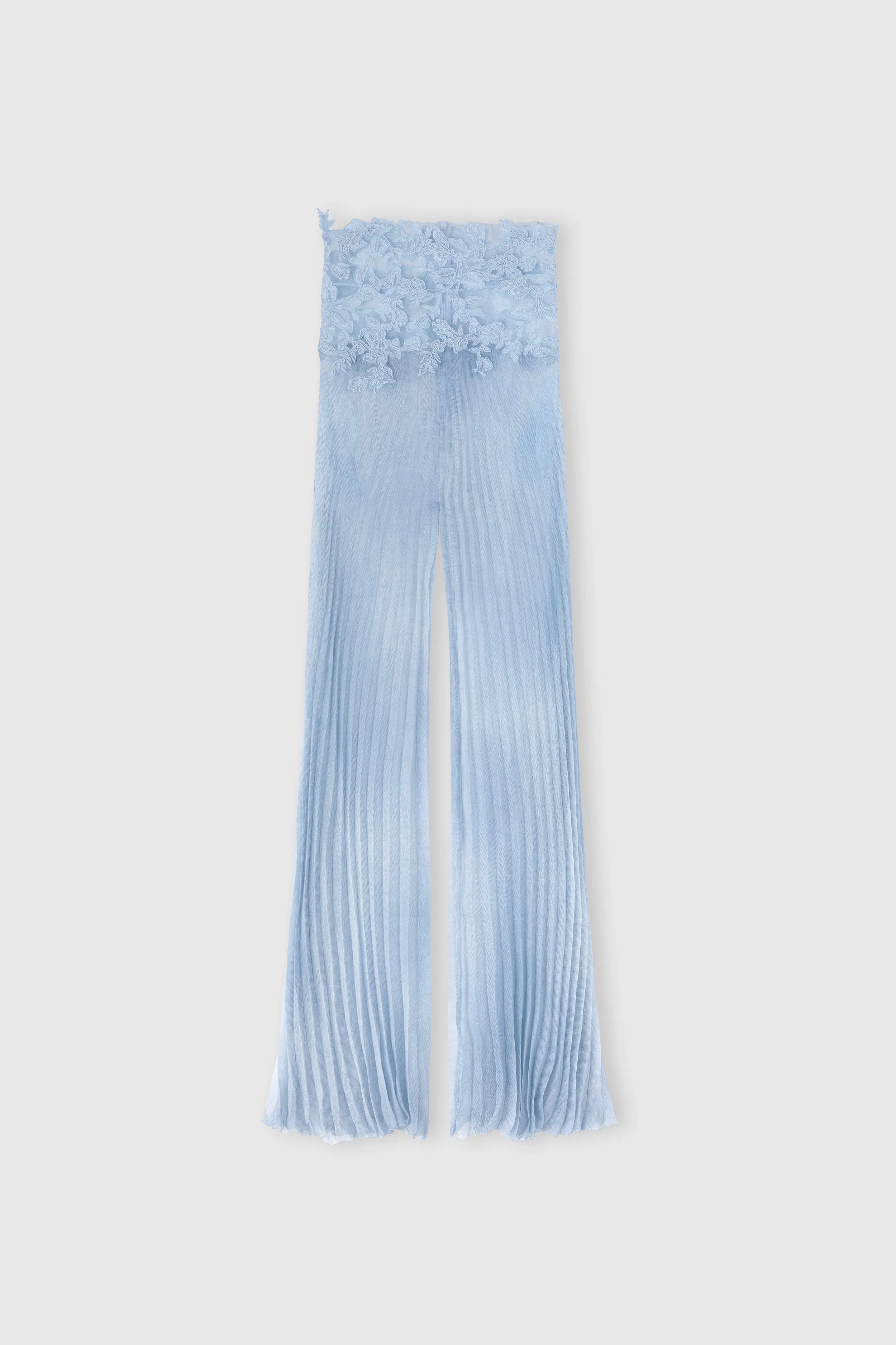 Silk trousers with high tulle waist and hand-applied rebrodé lace in denim-blue
